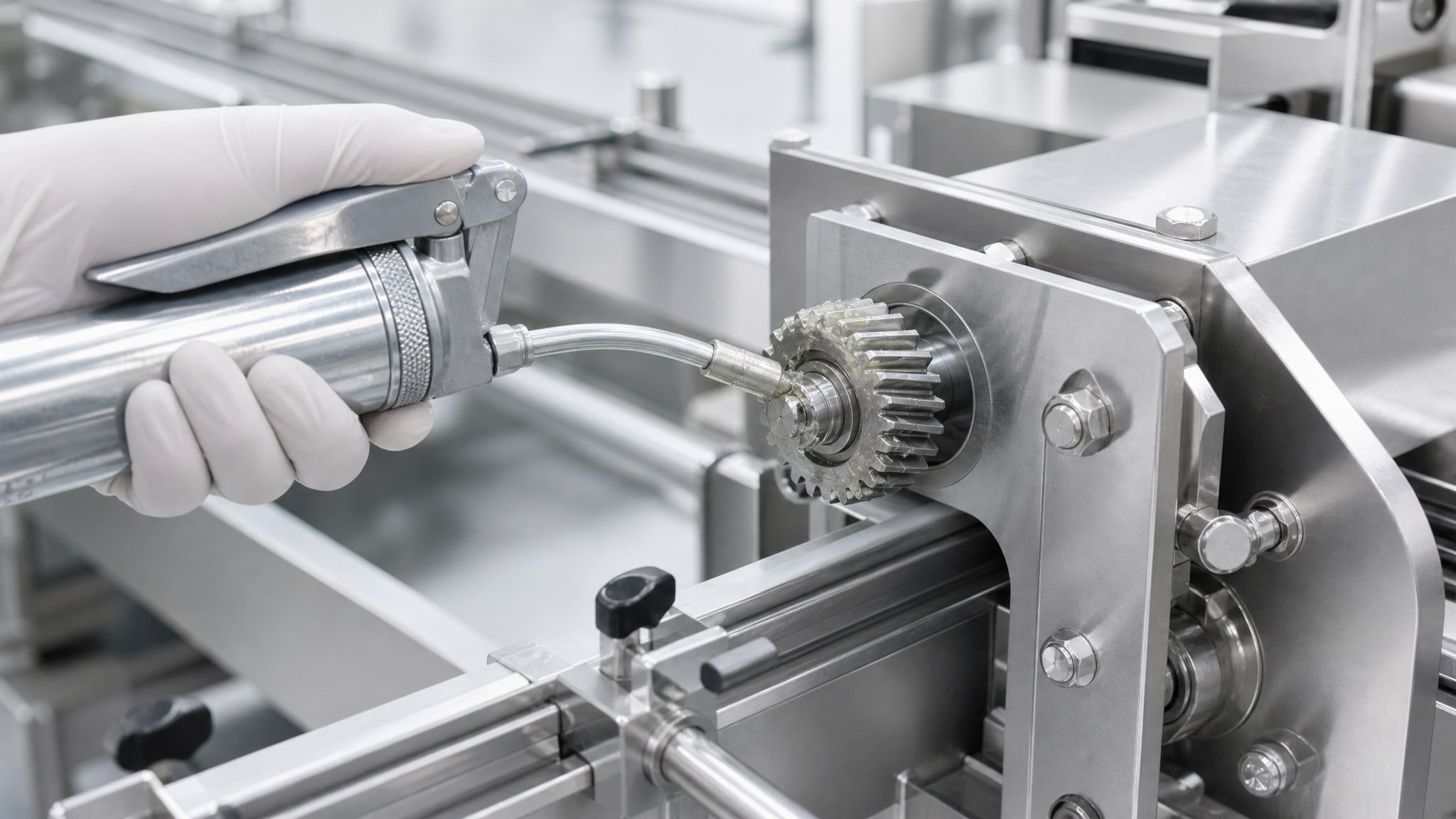 Работник наносит жидкую смазку пищевую nsf h1 класса NLGI 1 на шестерню конвейера.