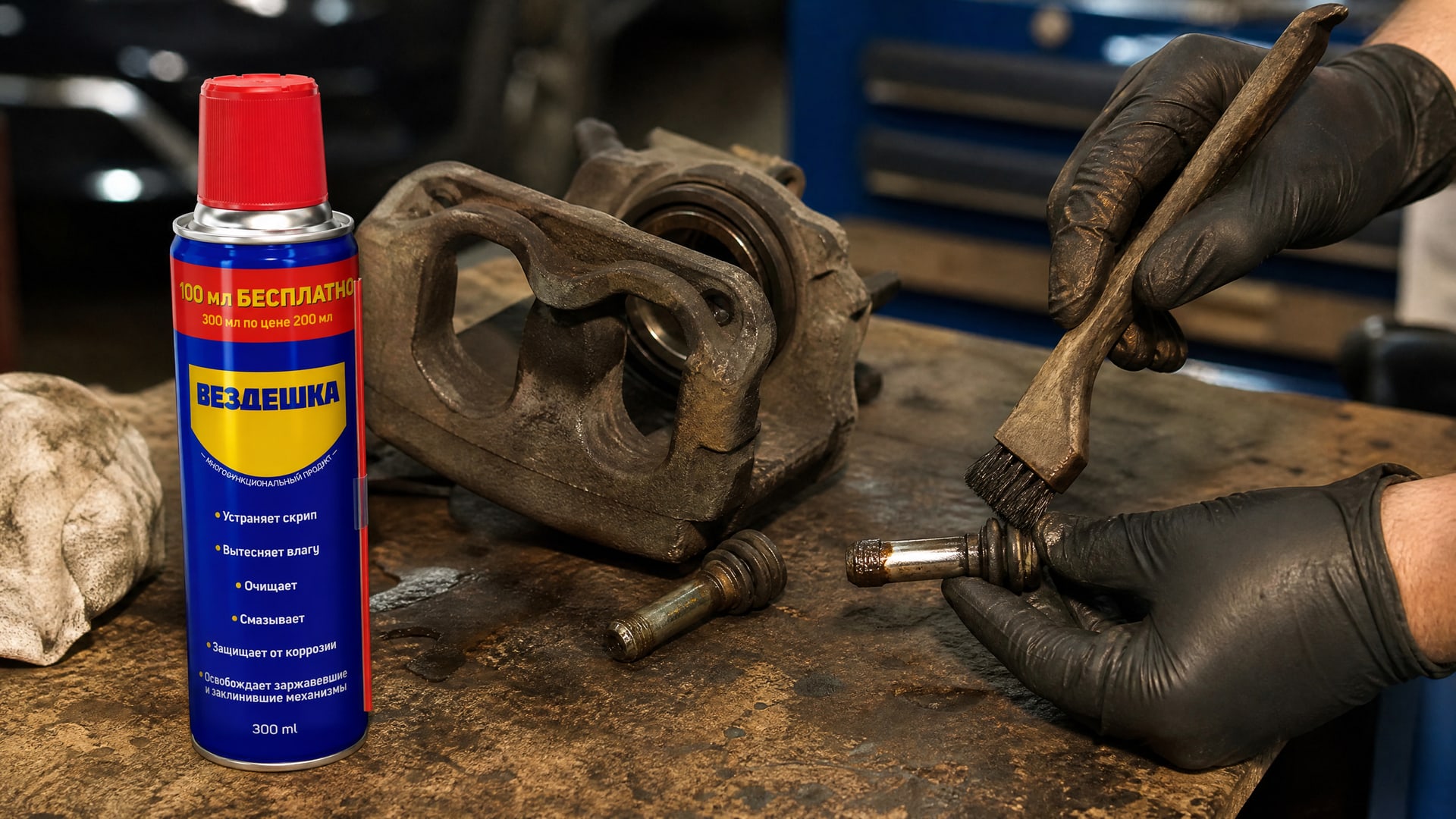 Рука в перчатке наносит универсальную смазку WD40 на деталь.