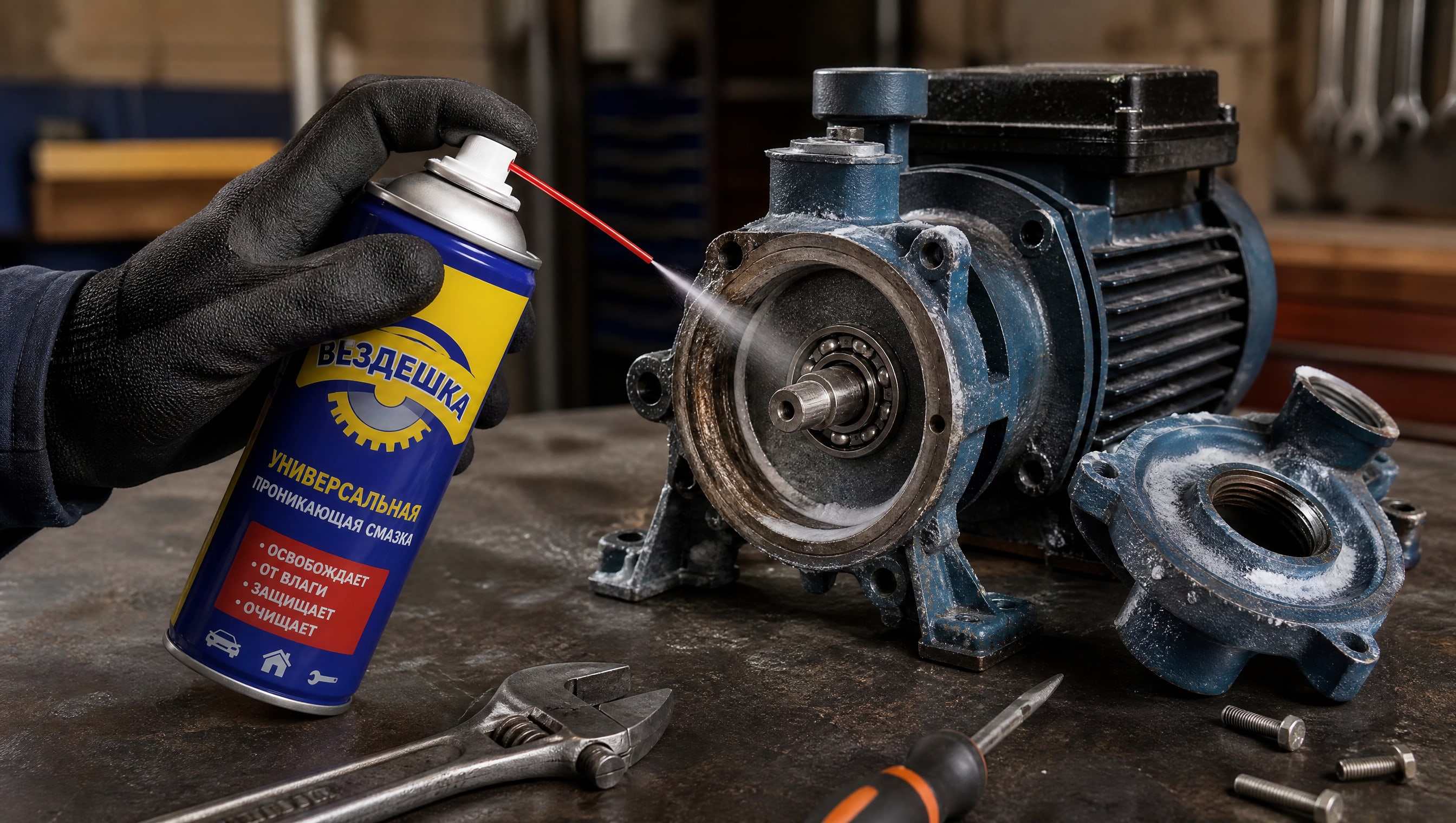 Рука в перчатке наносит универсальную смазку WD-40 на деталь насосной станции.