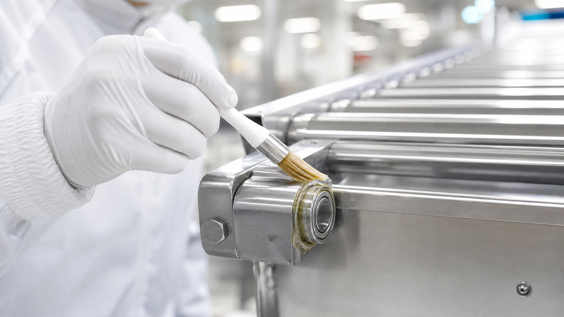 Чистые подшипники оборудования замороженных продуктов покрыты свежим слоем пищевой смазки.