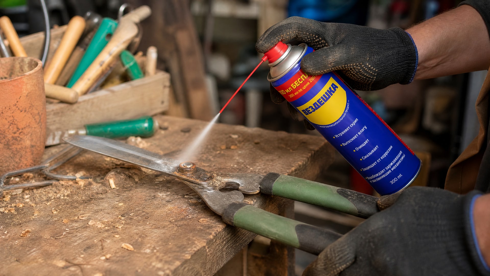 Рука в перчатке наносит универсальную смазку wd-40 на садовый инструмент.