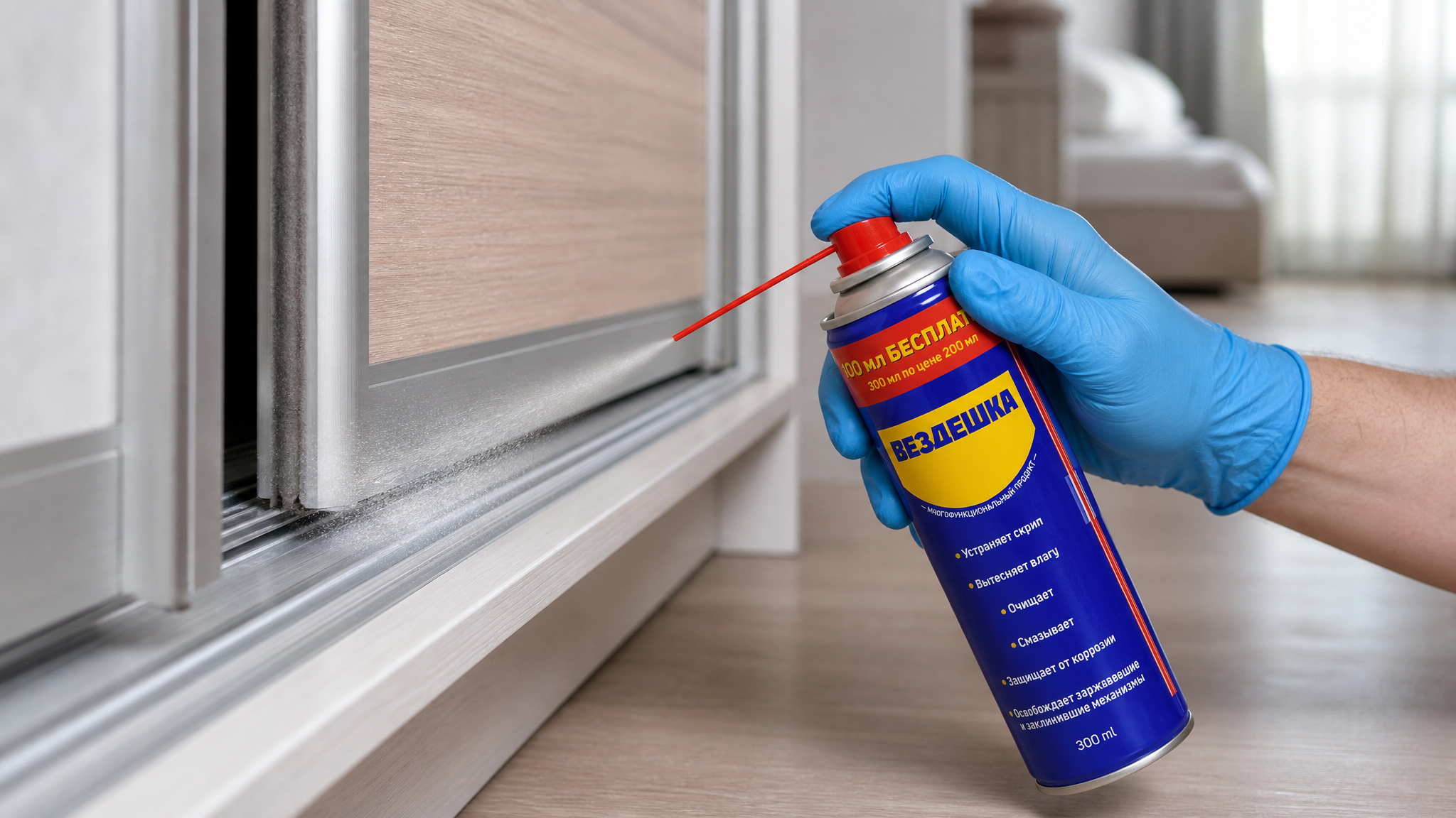 Рука наносит универсальную смазку wd-40 на металлические направляющие раздвижной двери.