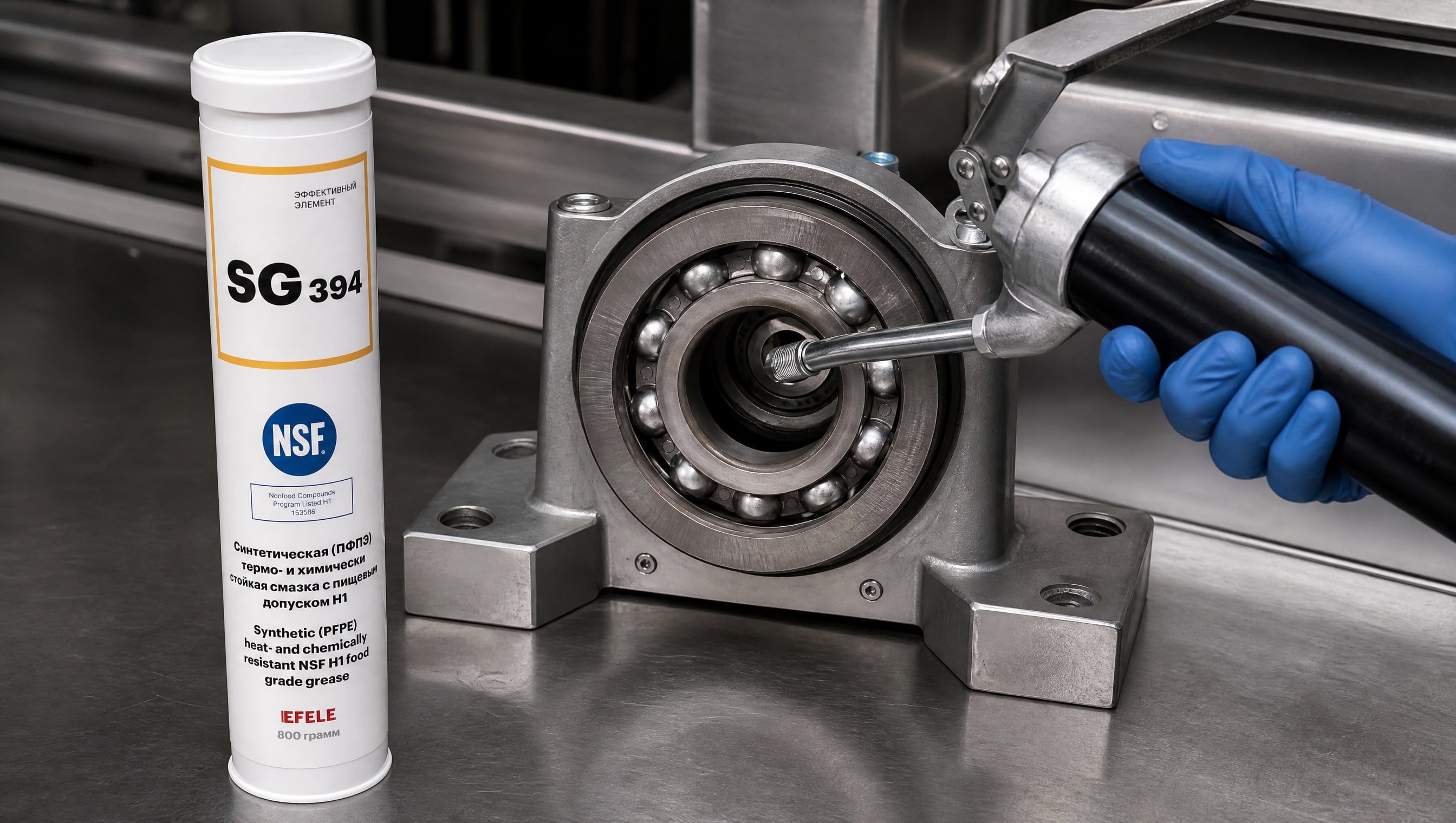 Рука в перчатке наносит EFELE SG-394 (термо-химстойкая, NSF H1) из фасовки.
