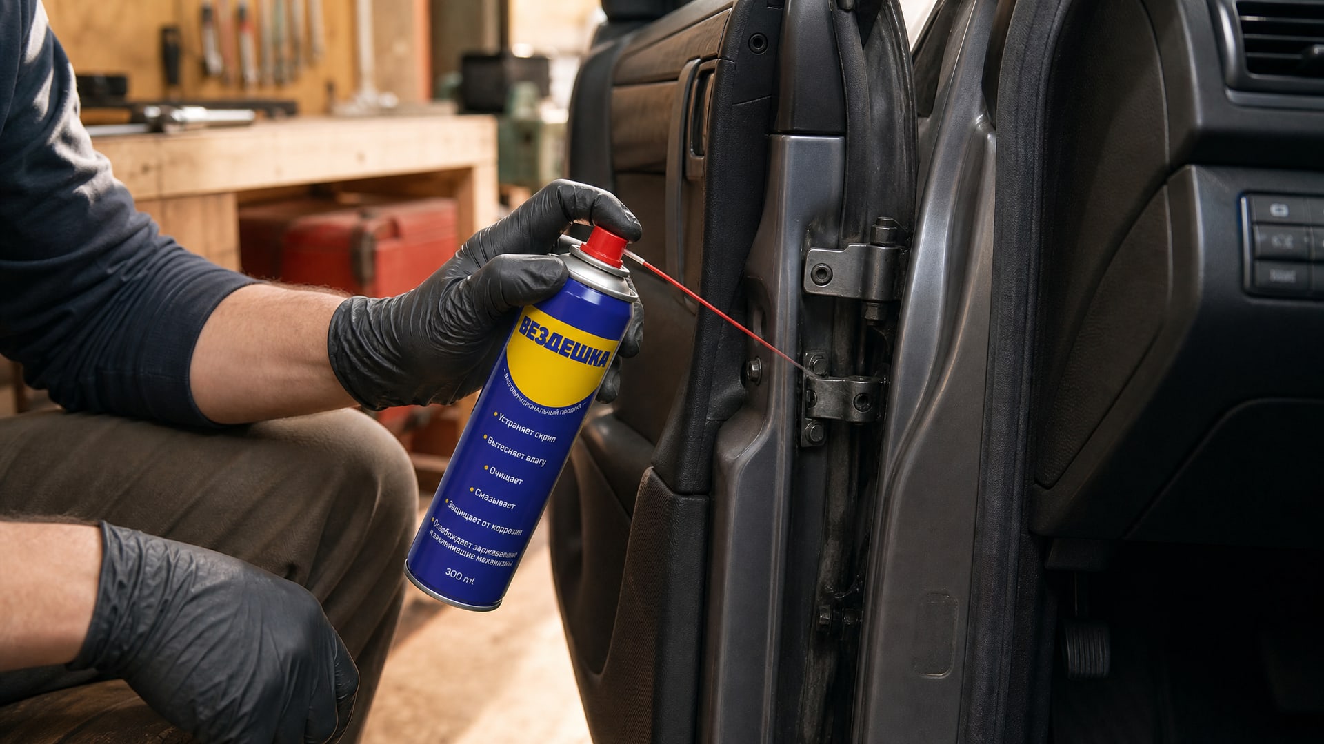 Рука в перчатке наносит универсальную смазку WD40 на петли.