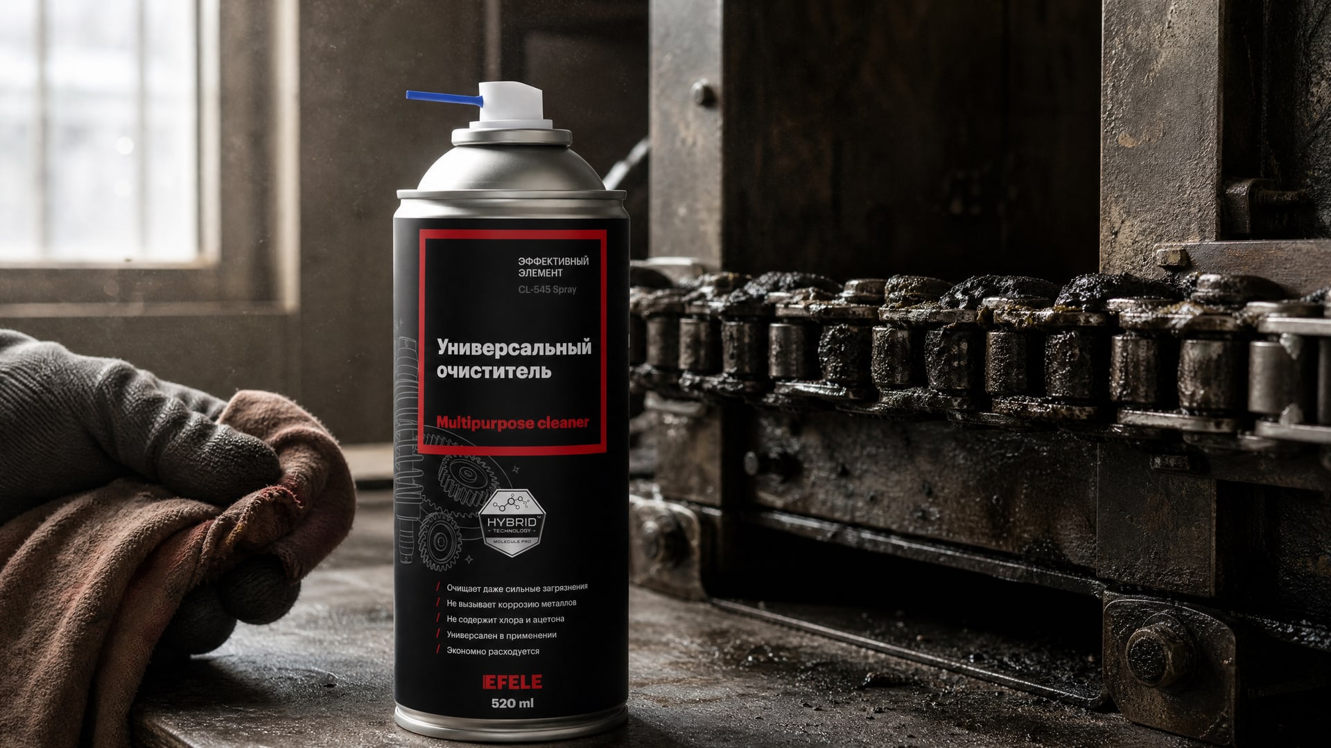 Рука в перчатке наносит EFELE CL-545 Spray на цепь для очистки.