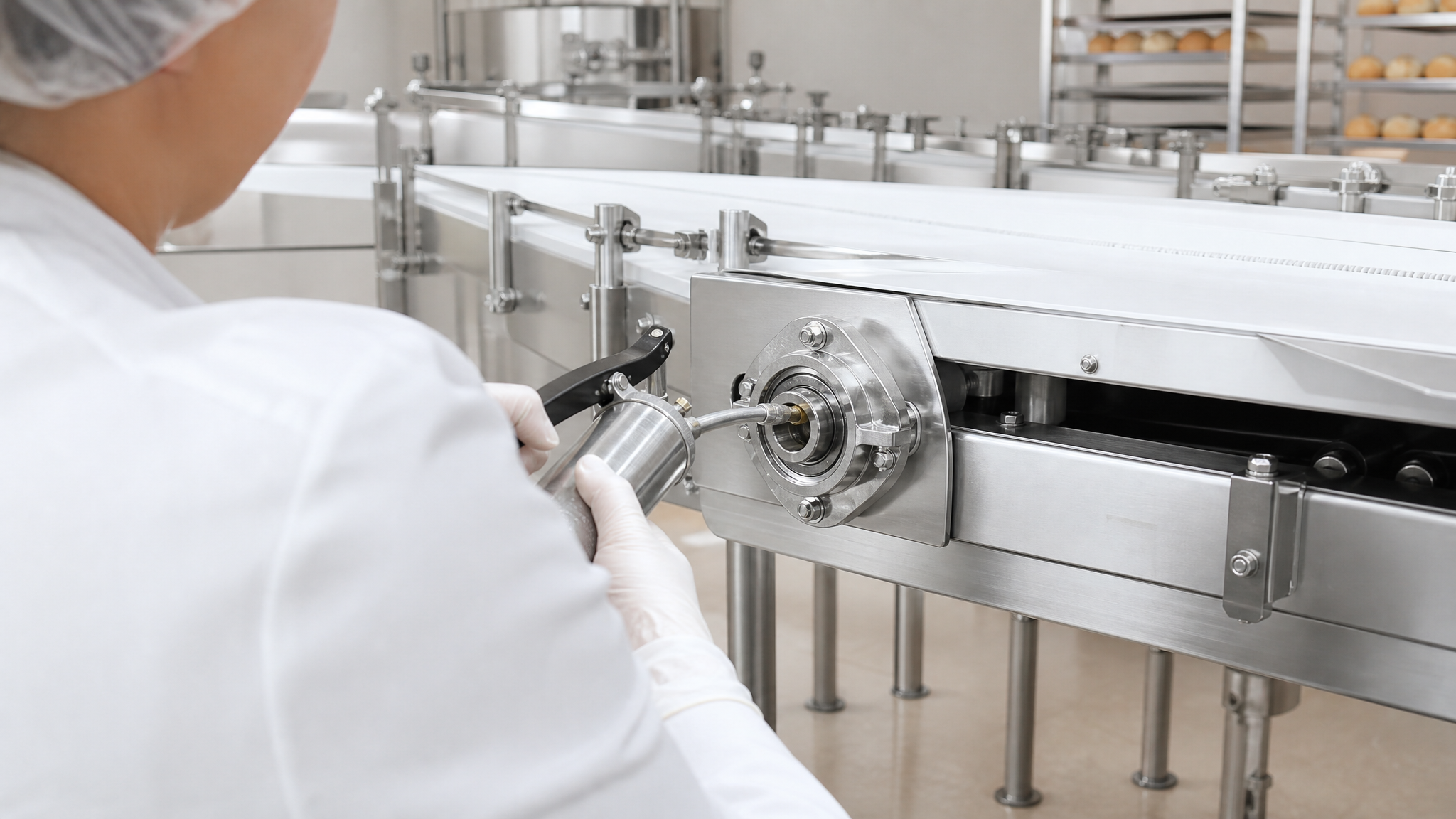 Рабочий наносит смазку пищевую nsf на роликовый подшипник хлебопекарной печи.