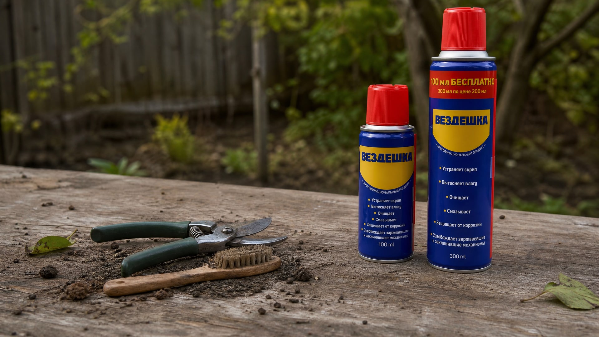 Рука наносит универсальную смазку WD40 на садовый инструмент.