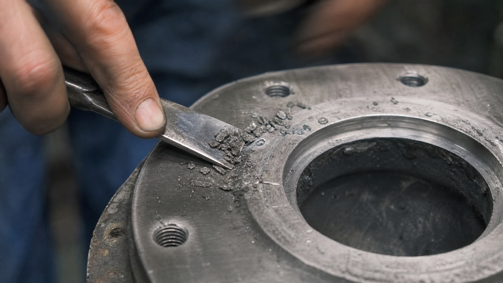 Очистка фланца скребком от старой прокладки для замены.
