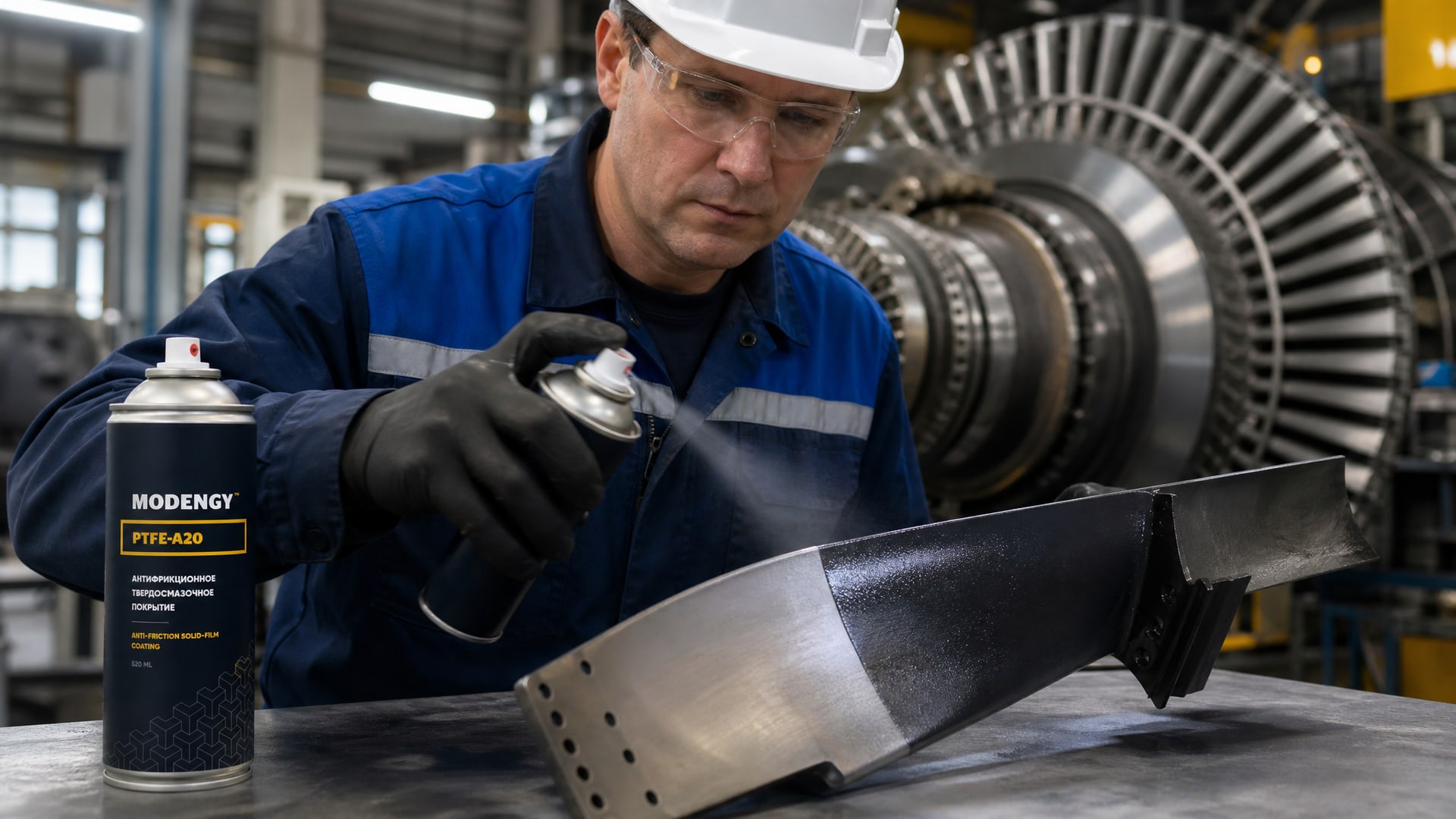 Рабочий наносит MODENGY PTFE-A20, антиадгезионное покрытие, на оборудование.