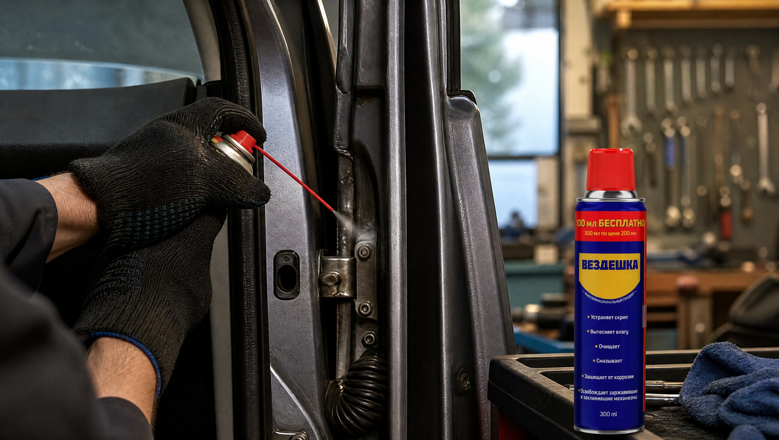 Рука в перчатке распыляет универсальную смазку WD-40 на дверные петли.