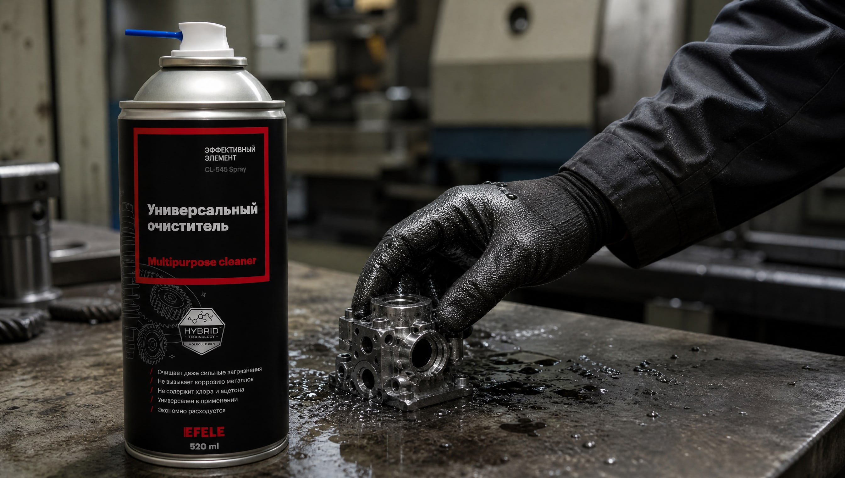 Рука в перчатке наносит универсальный очиститель EFELE CL-545 Spray.