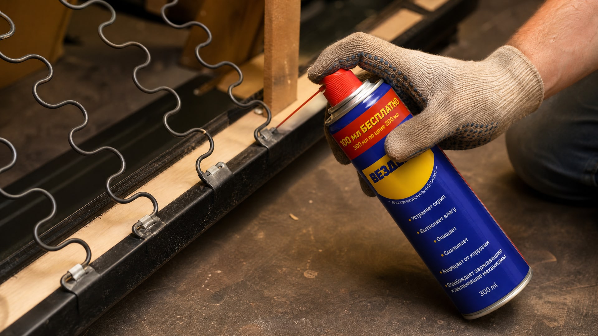 Рука в перчатке наносит универсальную смазку WD-40 на пружины дивана.