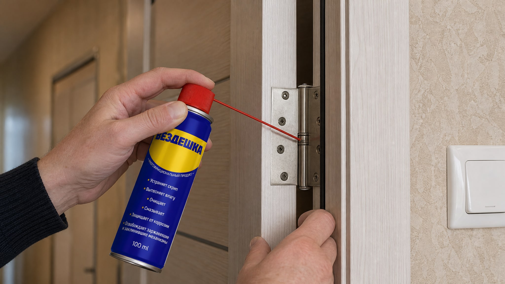 Рука в перчатке наносит универсальную смазку WD40 на петлю двери.