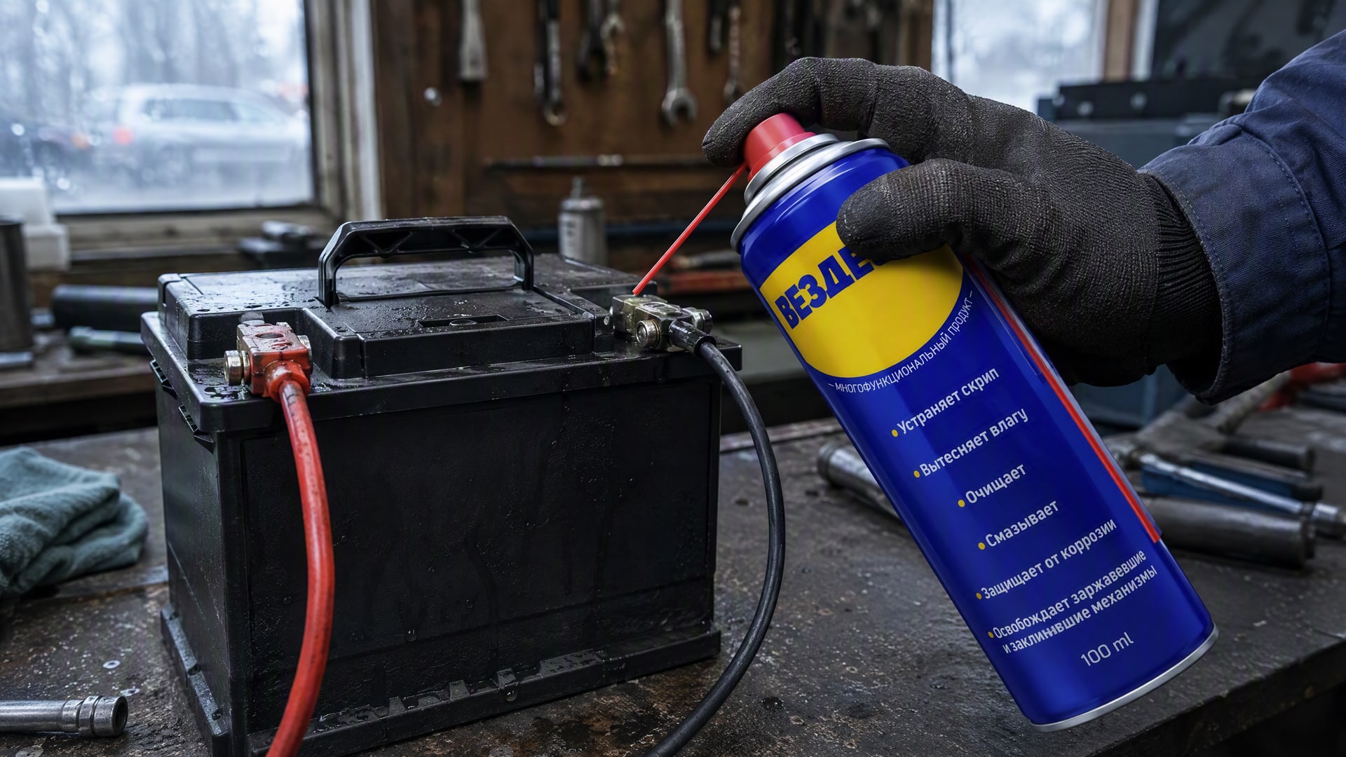Рука в перчатке наносит смазку WD-40 на клеммы аккумулятора.