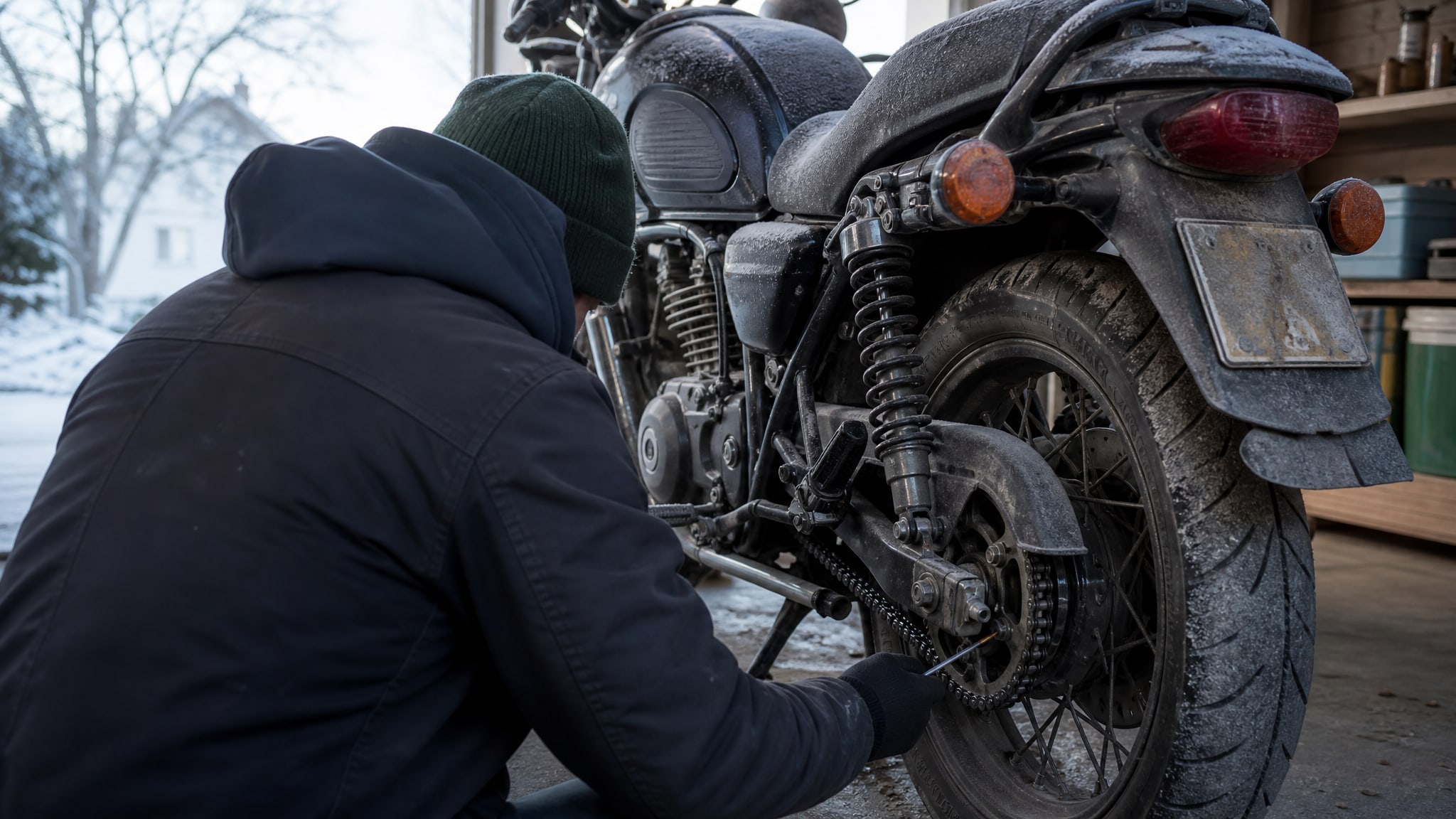 Человек смазывает цепь мотоцикла wd-40 рядом с домом.