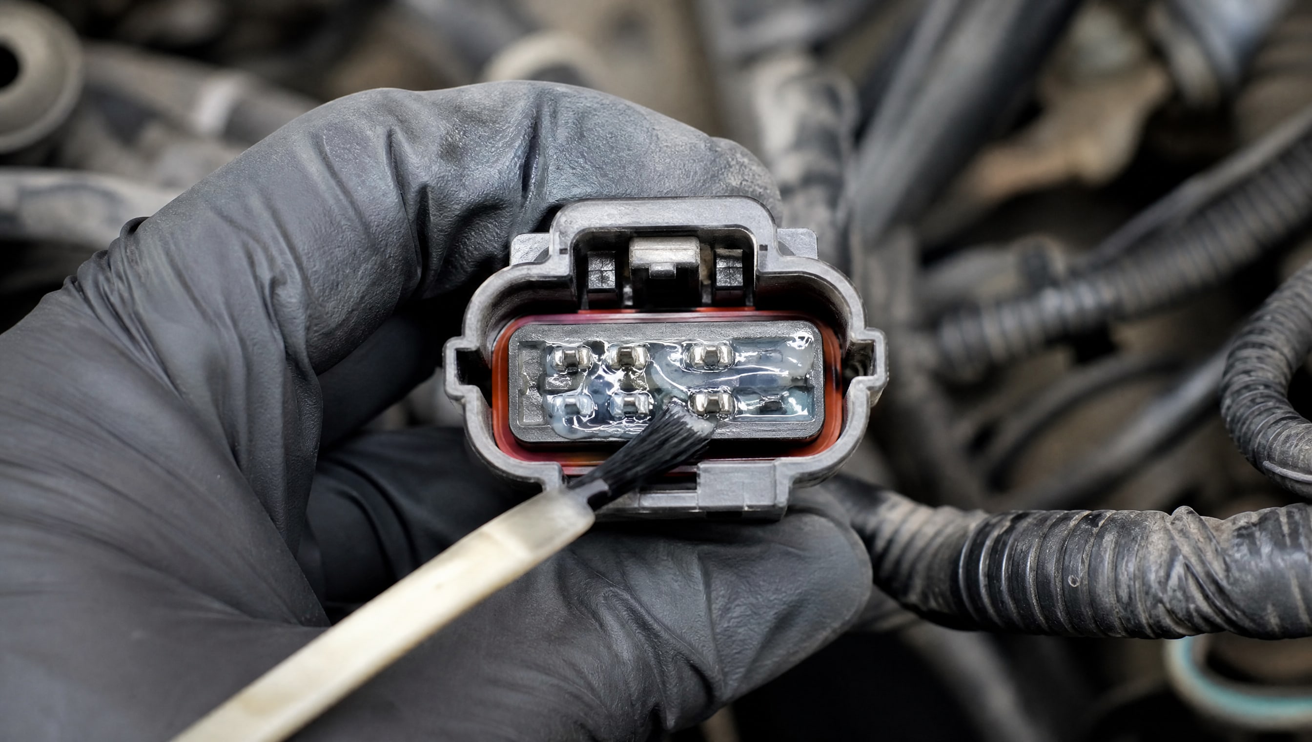 Автомобильный разъем с прозрачной смазкой на контактах, защищающей от окисления.