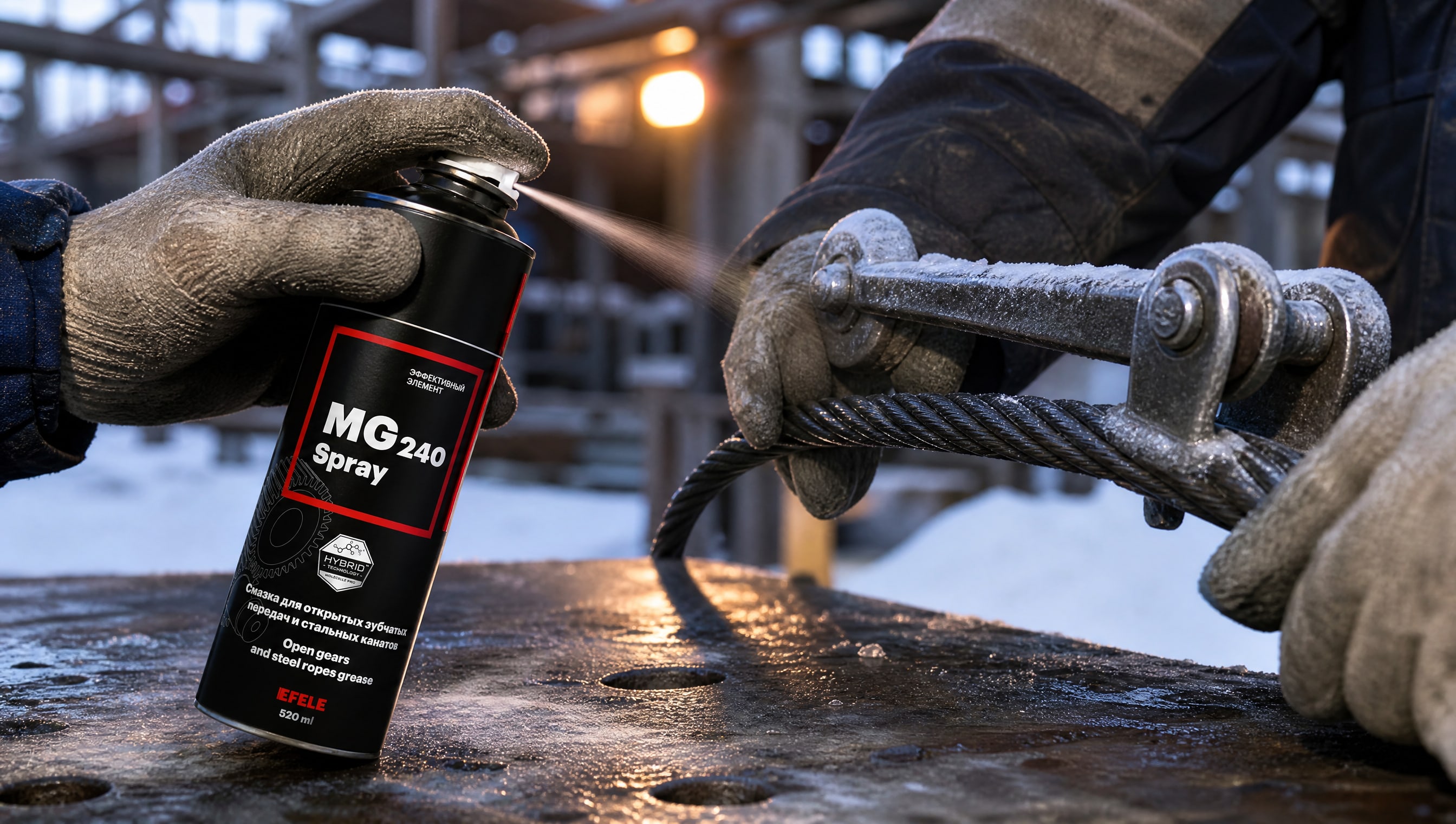 Рука в перчатке наносит EFELE MG-240 Spray на канат.