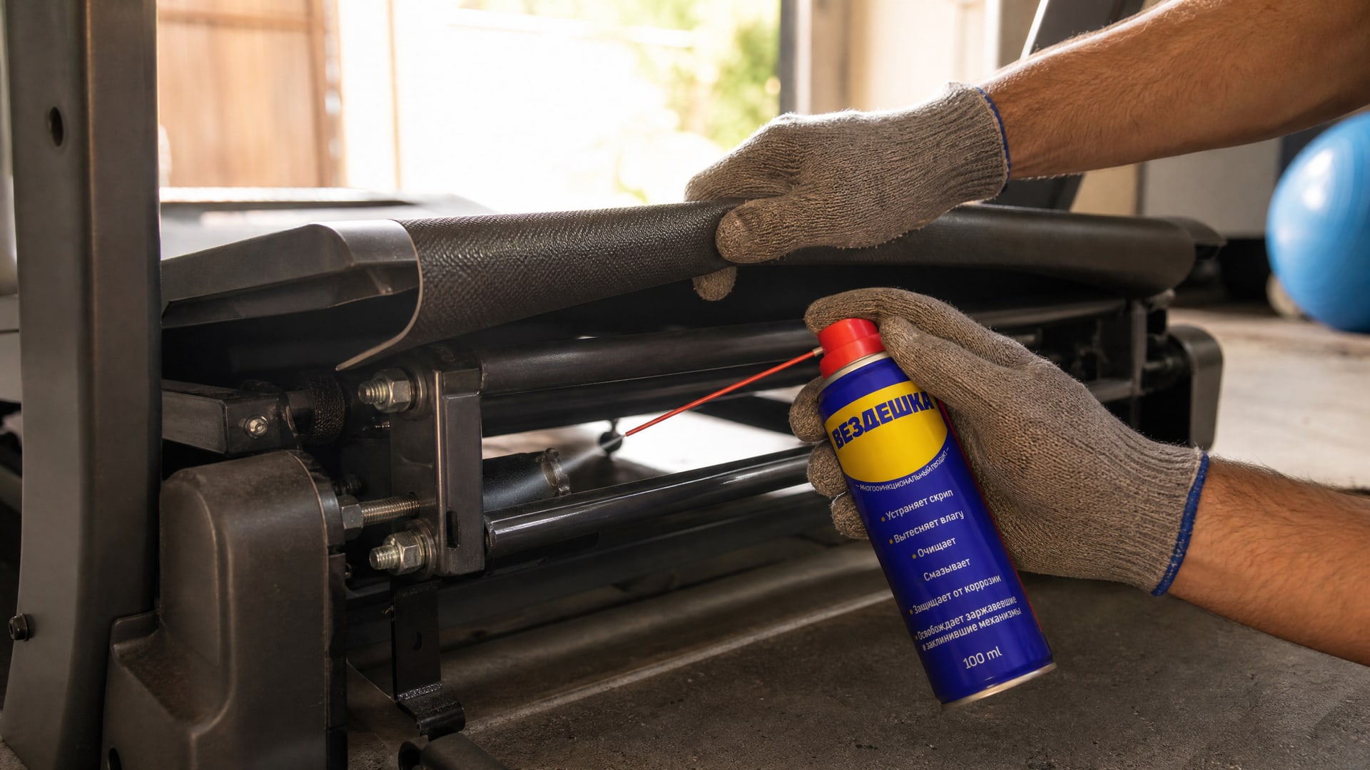 Рука в перчатке наносит универсальную смазку WD40 на механизм.