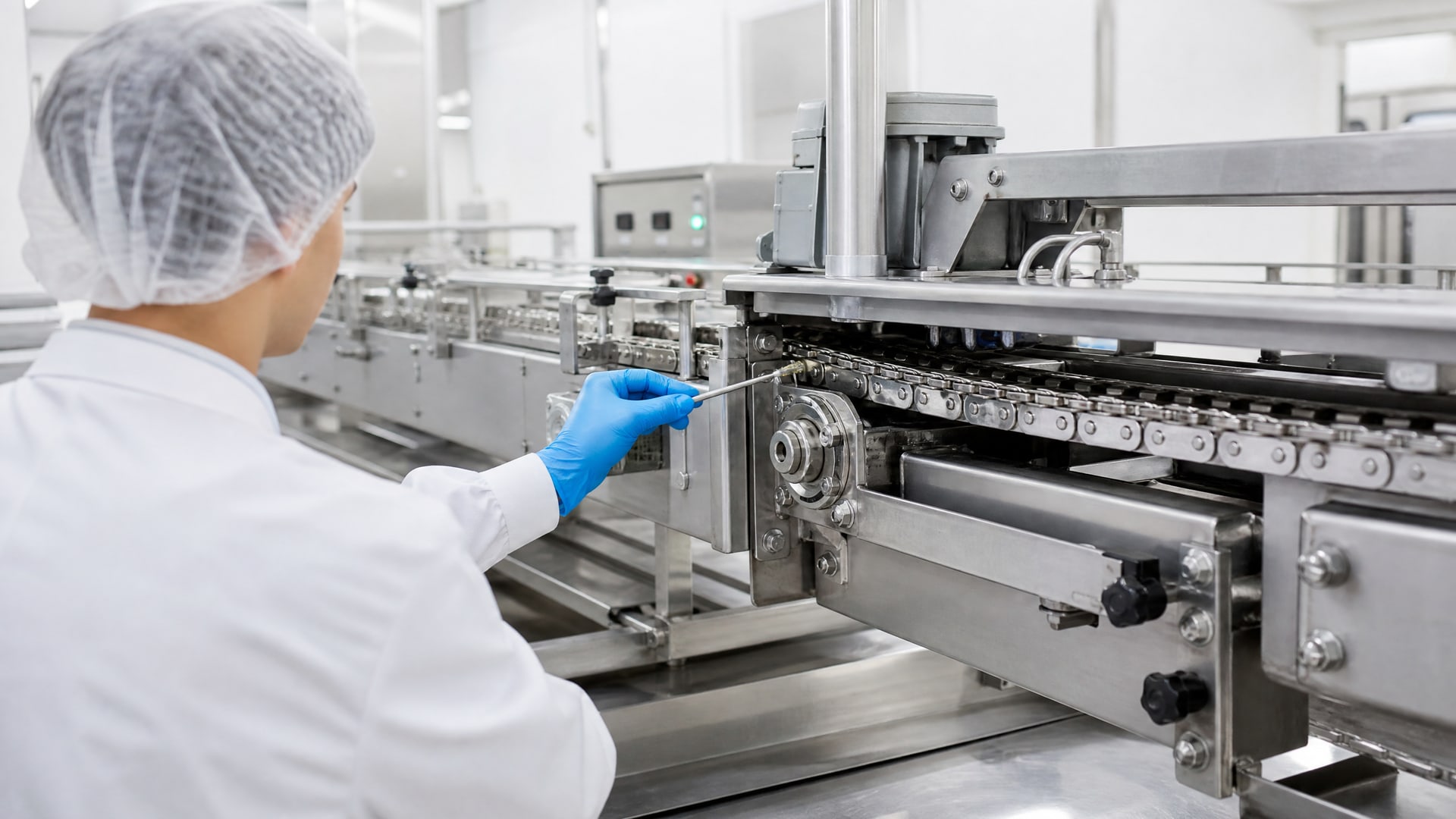 Работник наносит тонкий слой смазки пищевой nsf h1 на движущуюся цепь конвейера.