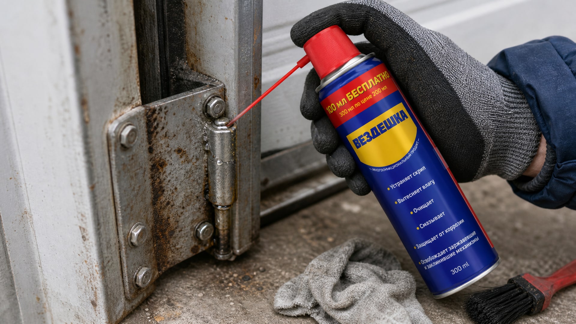 Рука в перчатке наносит универсальную смазку WD40 на петли гаражных дверей.
