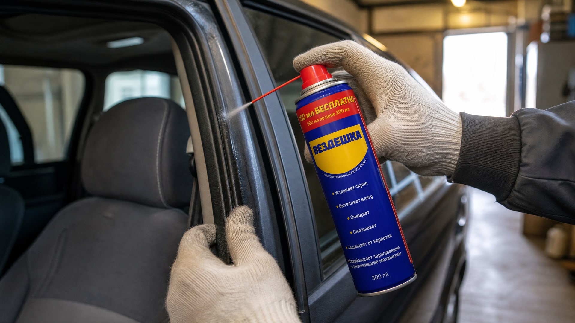 Рука в перчатке наносит универсальную смазку WD-40 на уплотнитель.