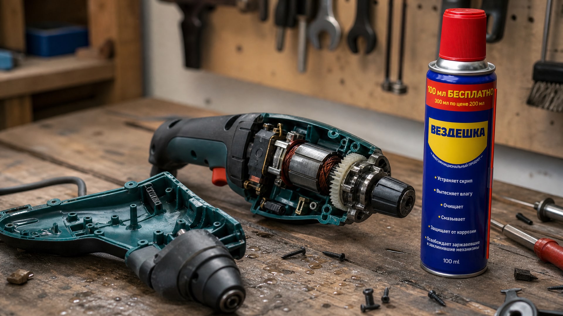 Рука в перчатке наносит универсальную смазку WD-40.