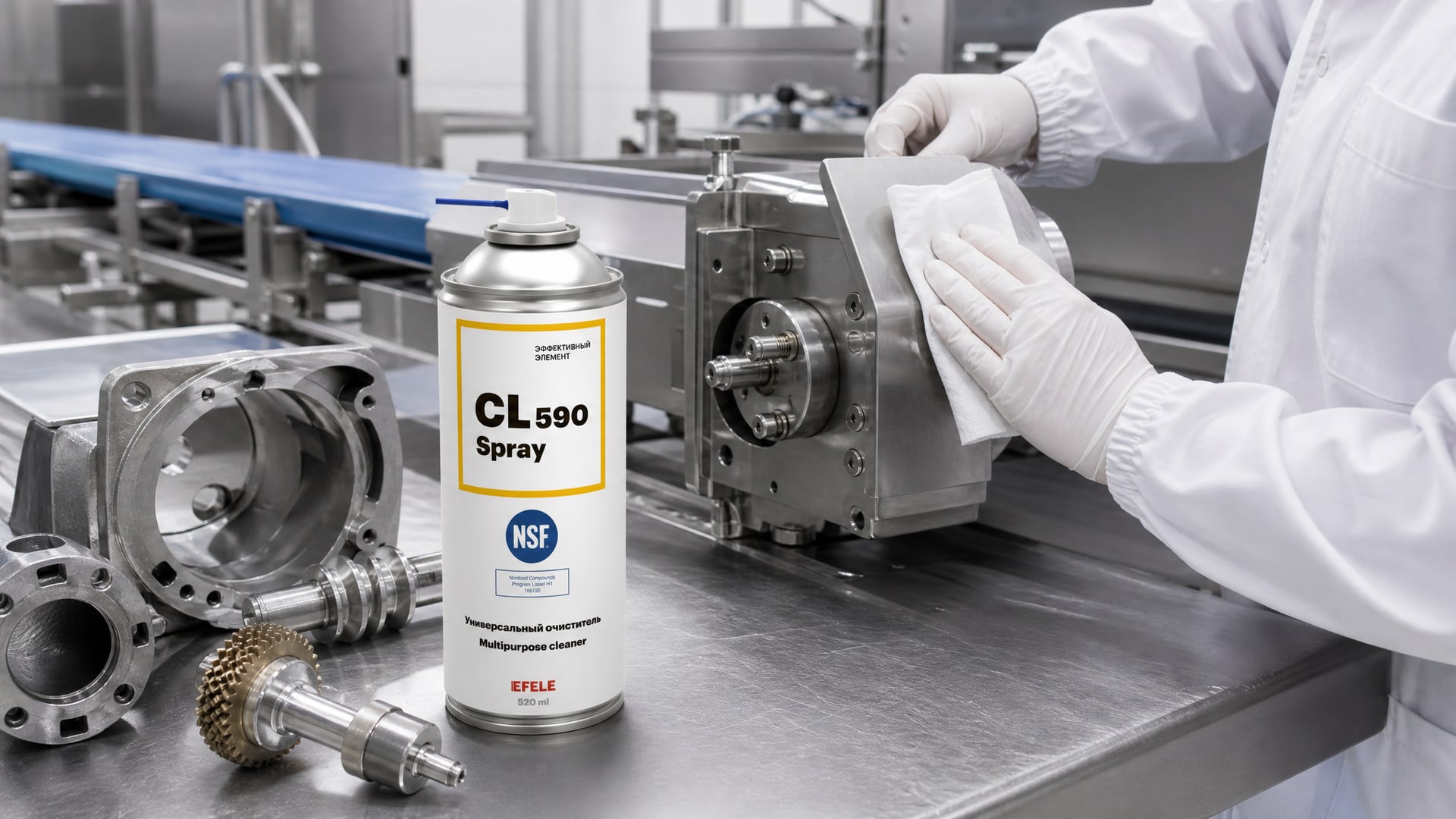 Рука в перчатке наносит EFELE CL-590 Spray для очистки оборудования.