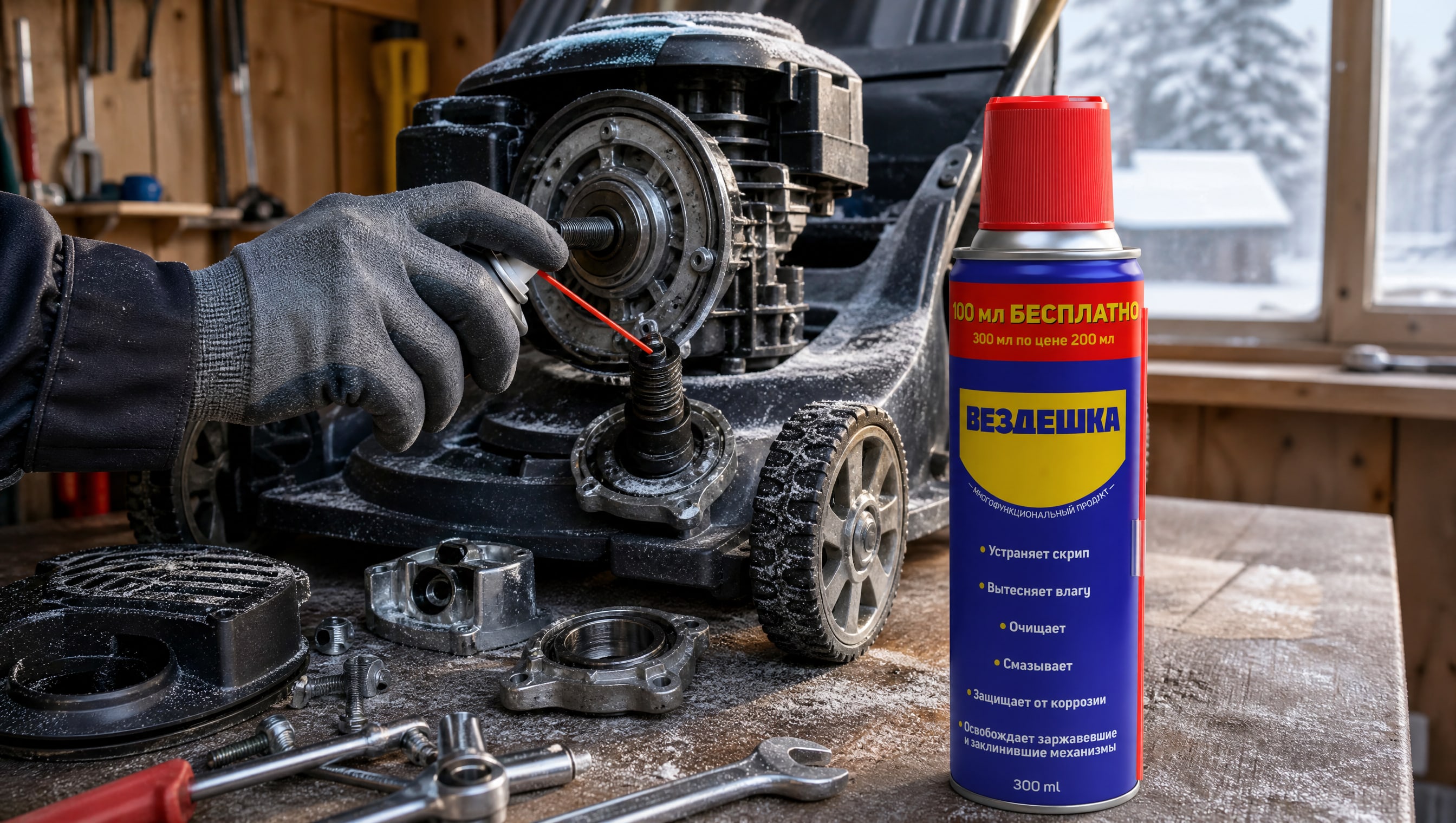 Рука в перчатке наносит универсальную смазку WD40 на детали газонокосилки.