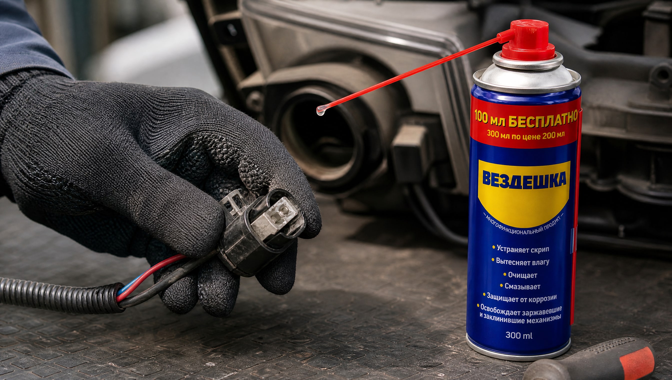 Рука в перчатке наносит универсальную смазку WD-40.