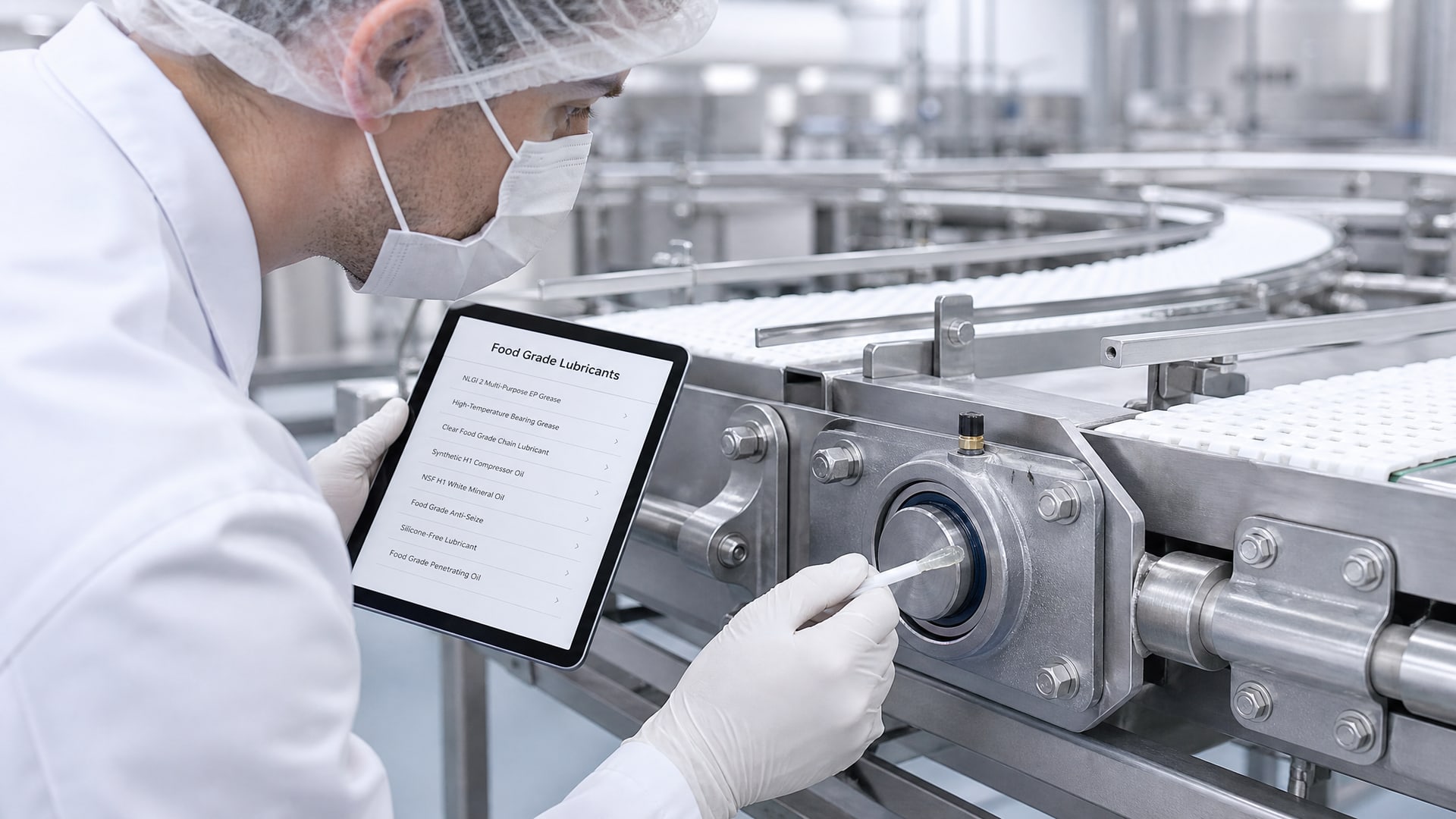 Работник сверяет смазку допуск nsf h1 на подшипнике с цифровым реестром на планшете.