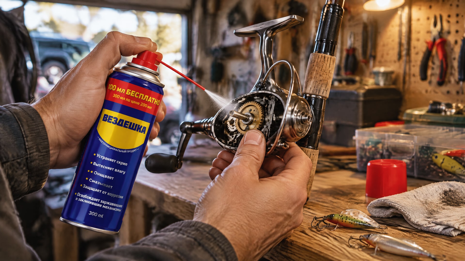 Рука в перчатке наносит универсальную смазку WD40.