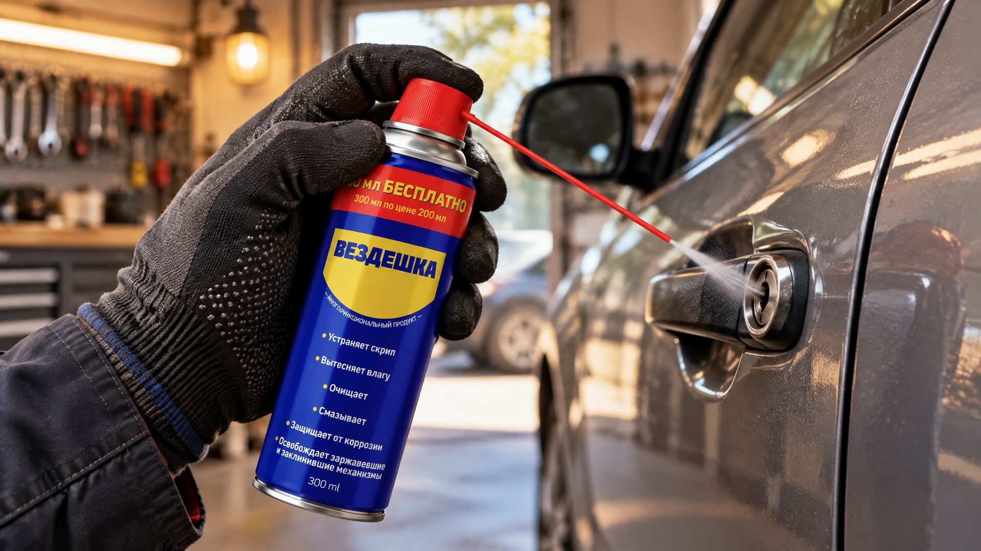 Человек в перчатке наносит универсальную смазку WD-40 на замок.