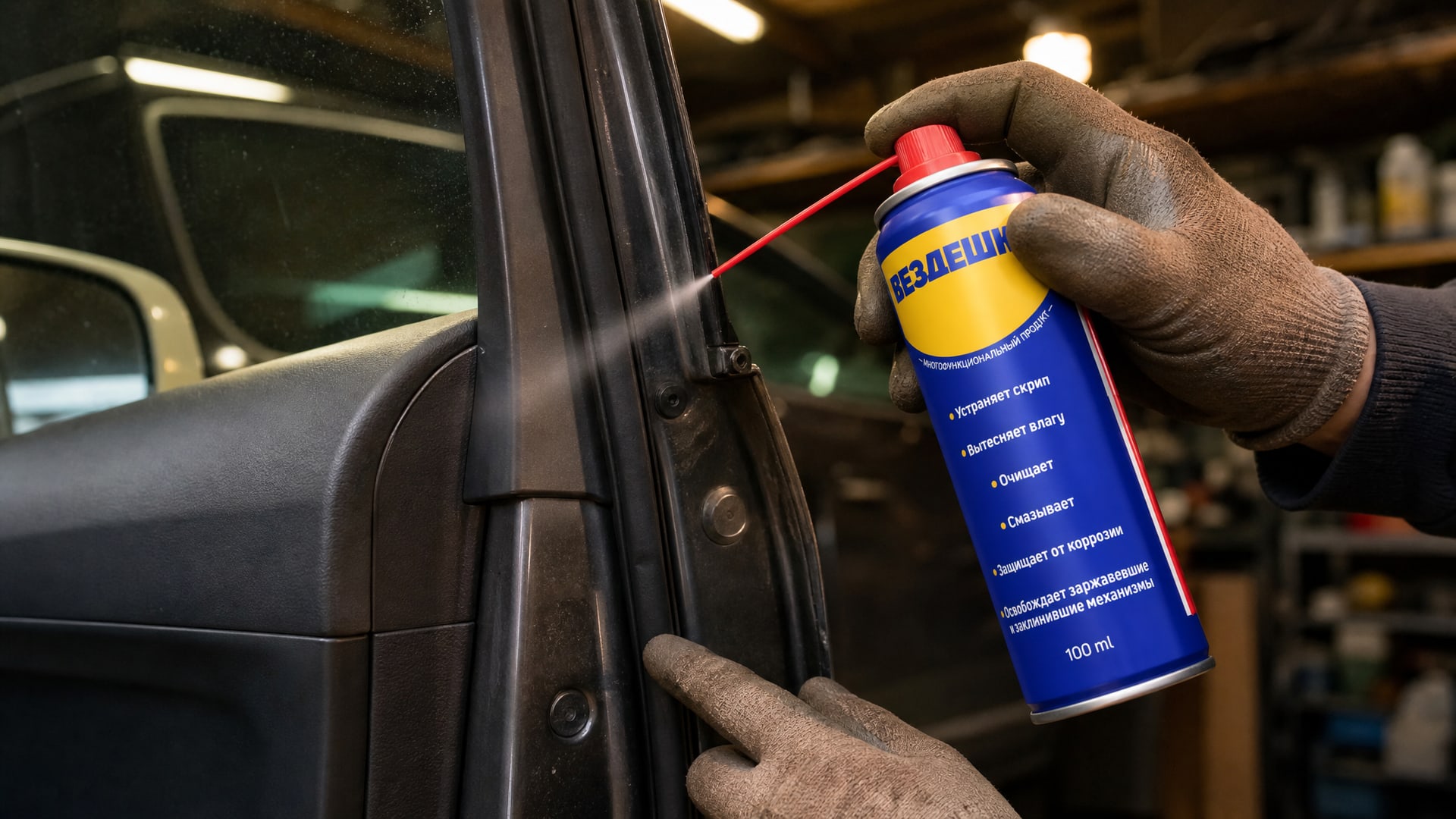 Нанесение смазки WD-40 на уплотнитель двери автомобиля.