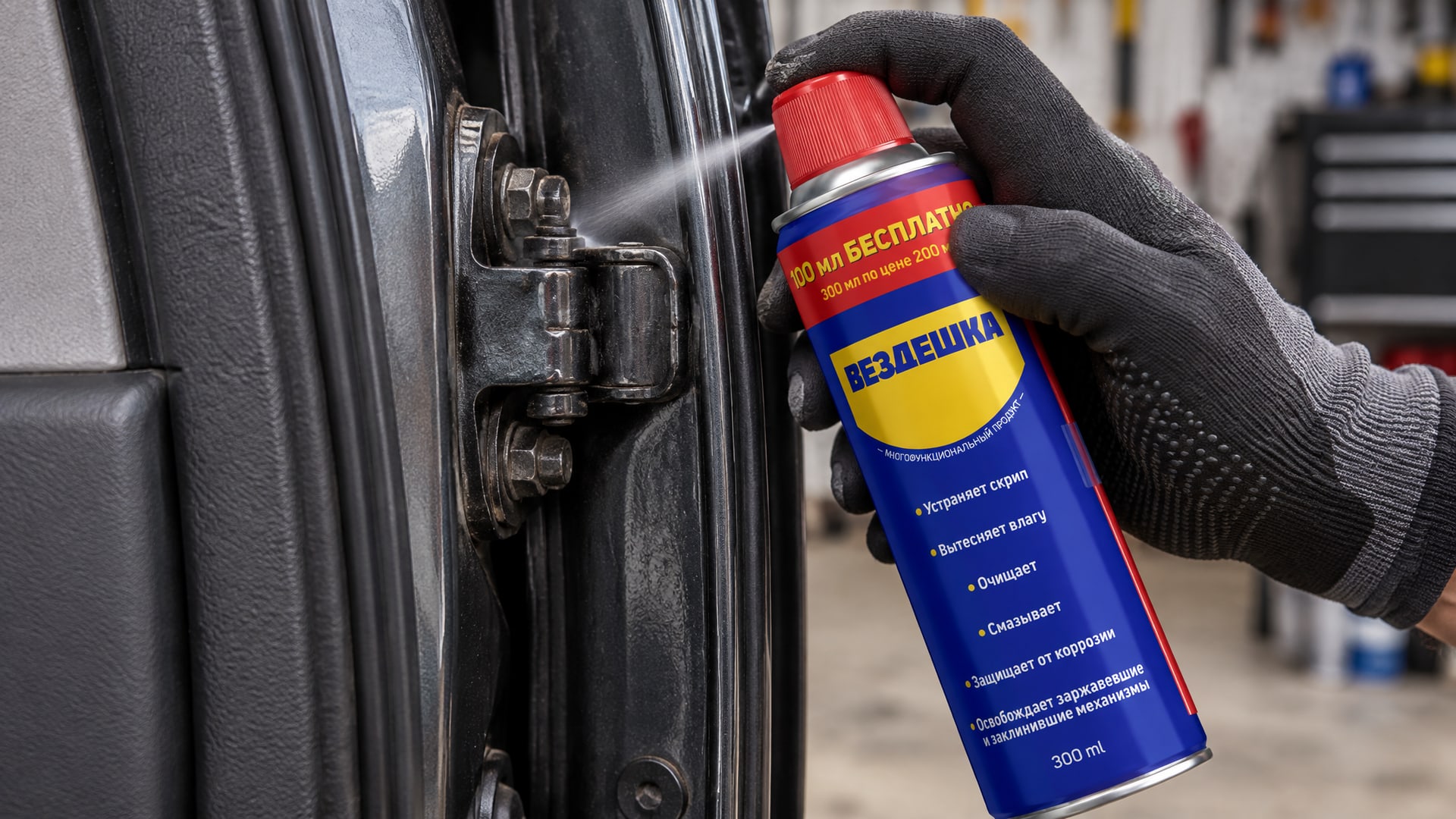 Рука в перчатке наносит универсальную смазку wd-40 на петлю.