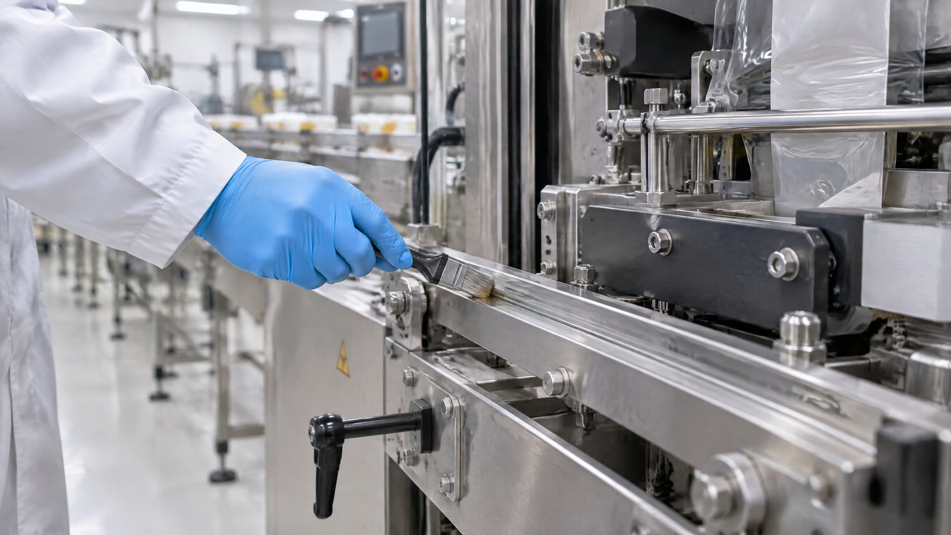 Работник наносит пищевую смазку nsf h1 на направляющую упаковочной линии.