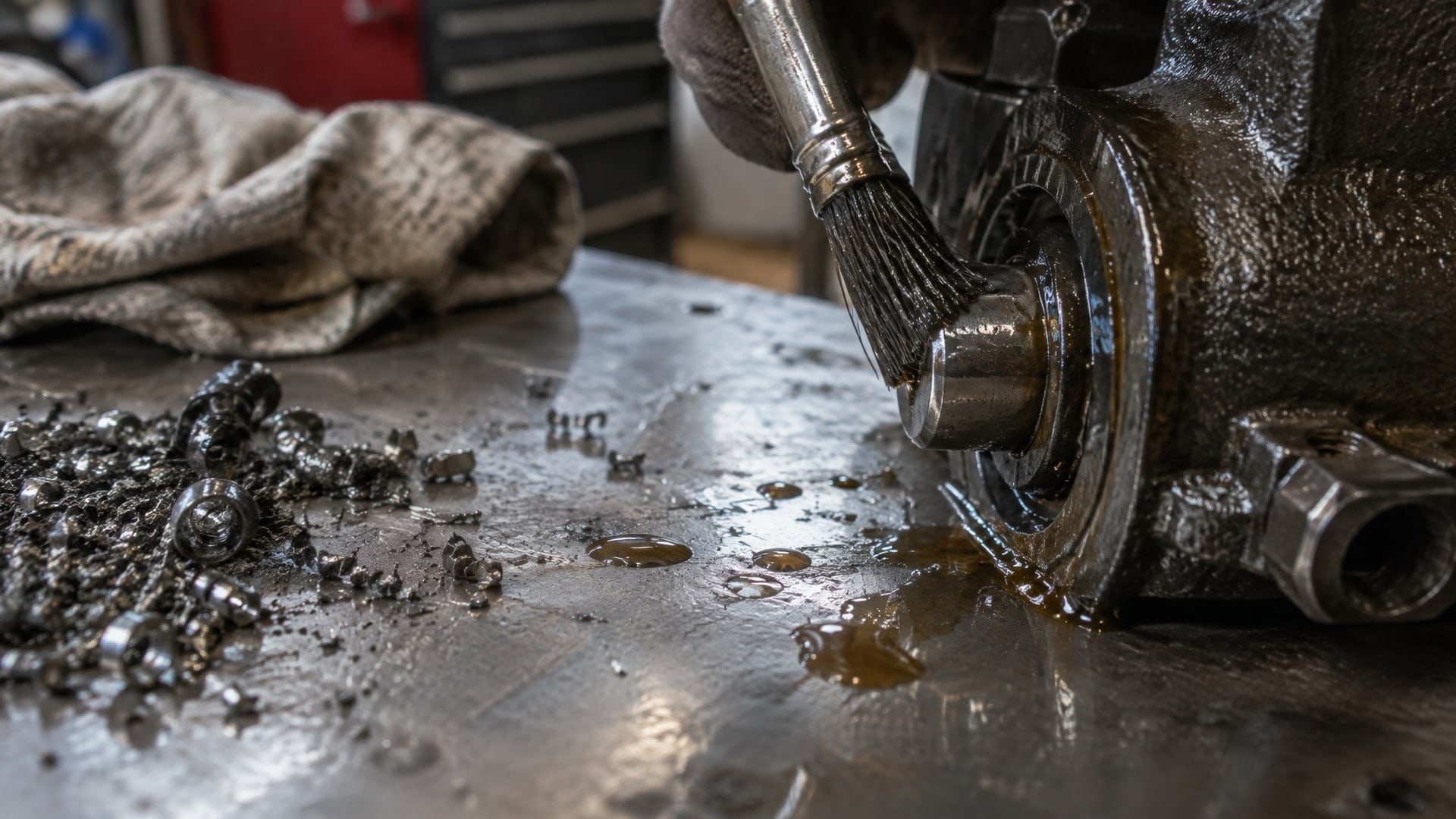 Грязные металлические опилки на маслянистой поверхности, утилизация сож.