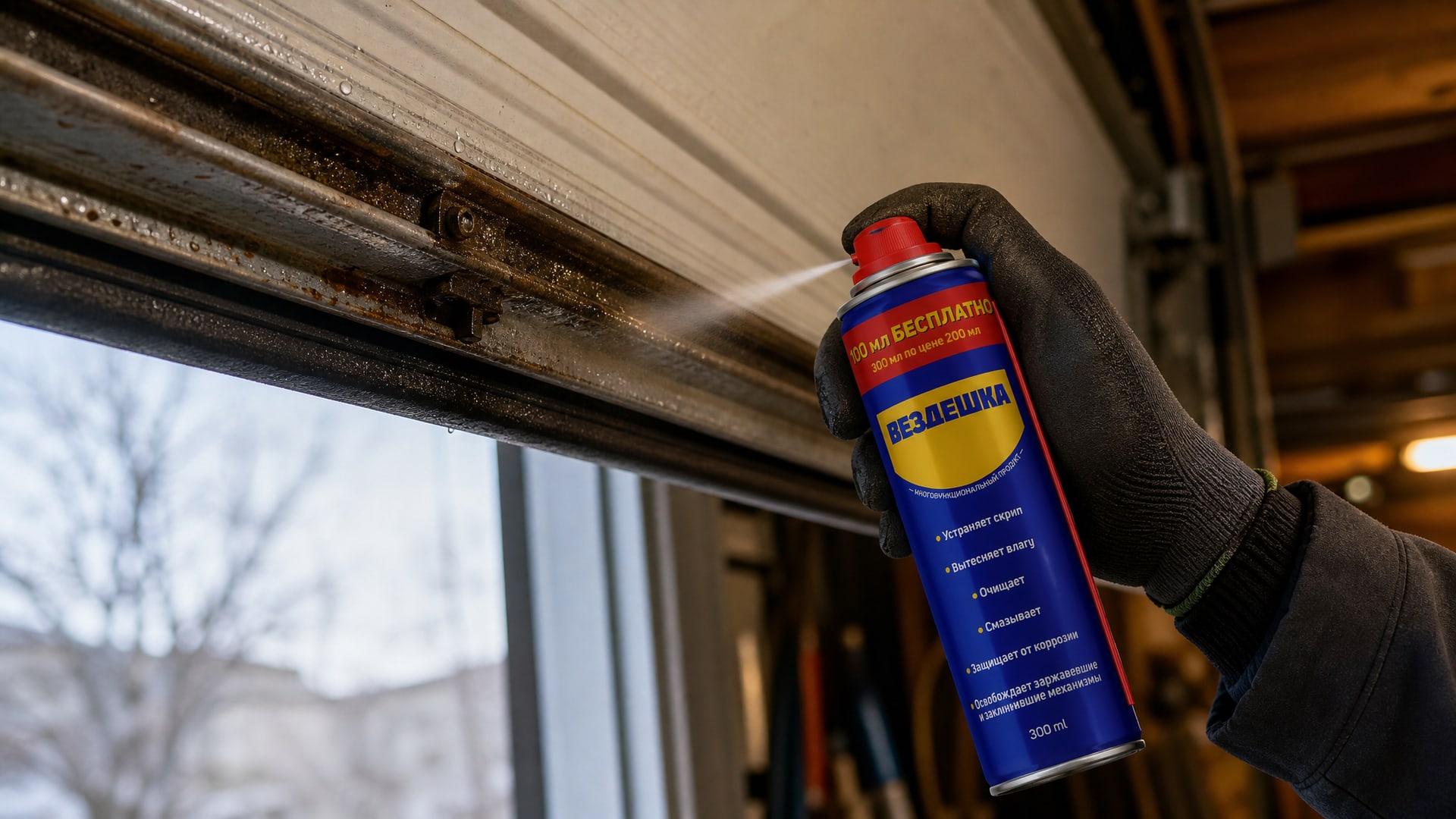 Рука в перчатке наносит универсальную смазку WD40 на гаражные ворота.
