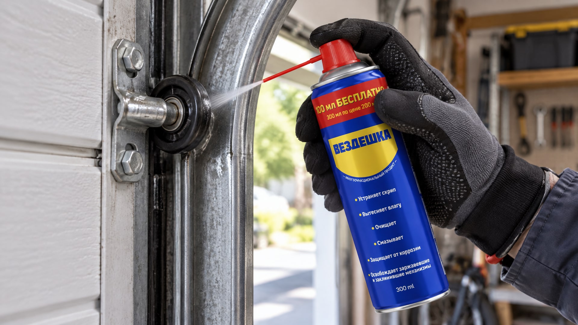 Рука наносит универсальную смазку WD40 на гаражные ворота.