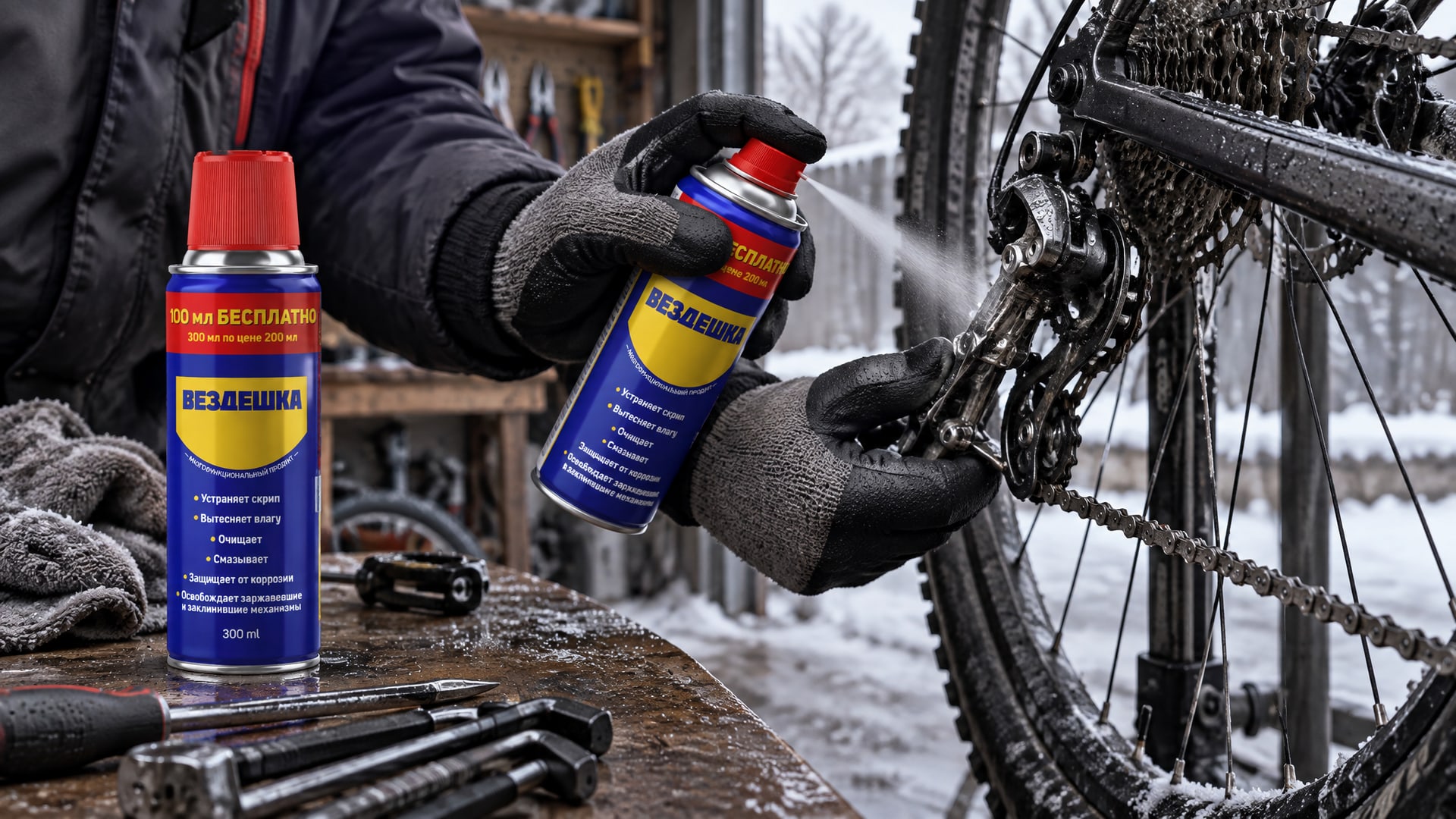 Рука в перчатке наносит универсальную смазку WD-40 на велосипед.