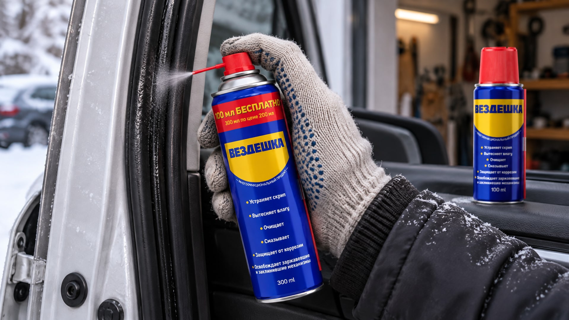 Рука в перчатке наносит универсальную смазку WD-40 на дверь автомобиля.