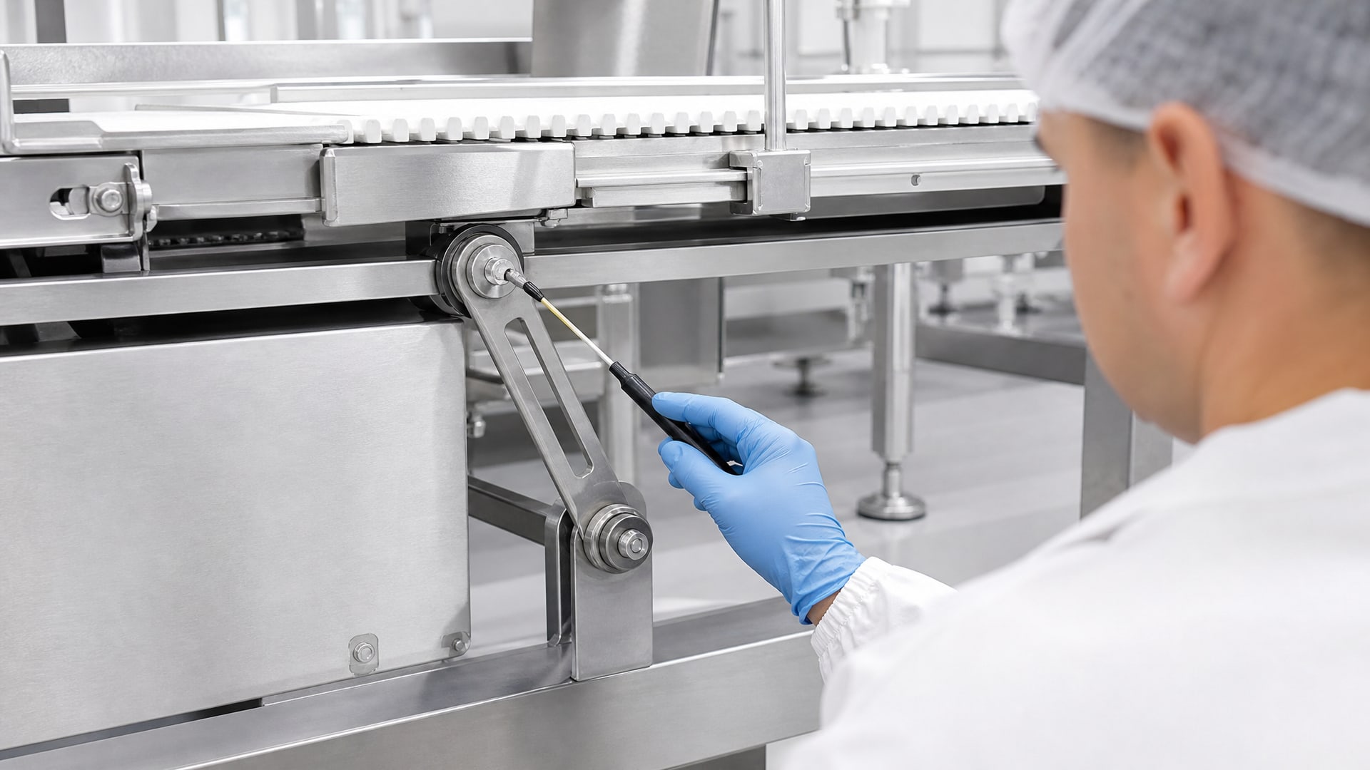 Специалист наносит защиту пищевых продуктов на ось конвейера.