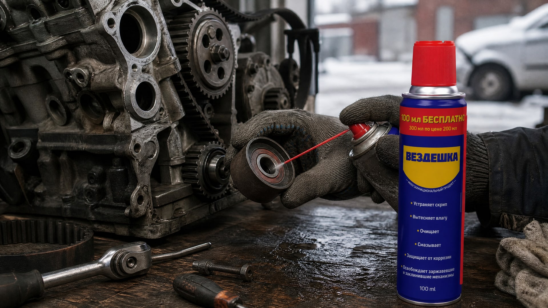 Рука в перчатке наносит универсальную смазку WD40 на подшипники.