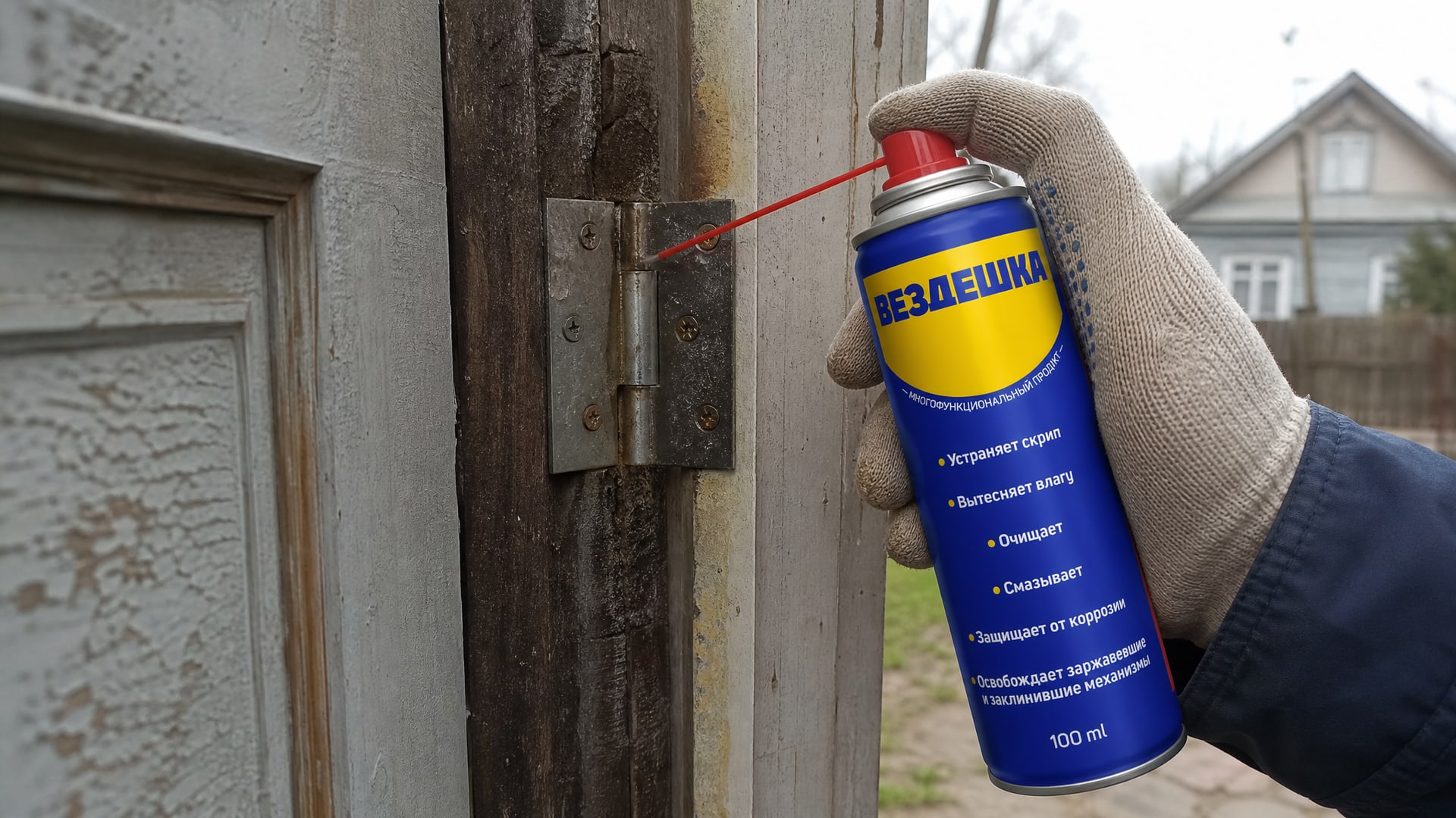 Рабочий наносит универсальную смазку WD40 на дверные петли.