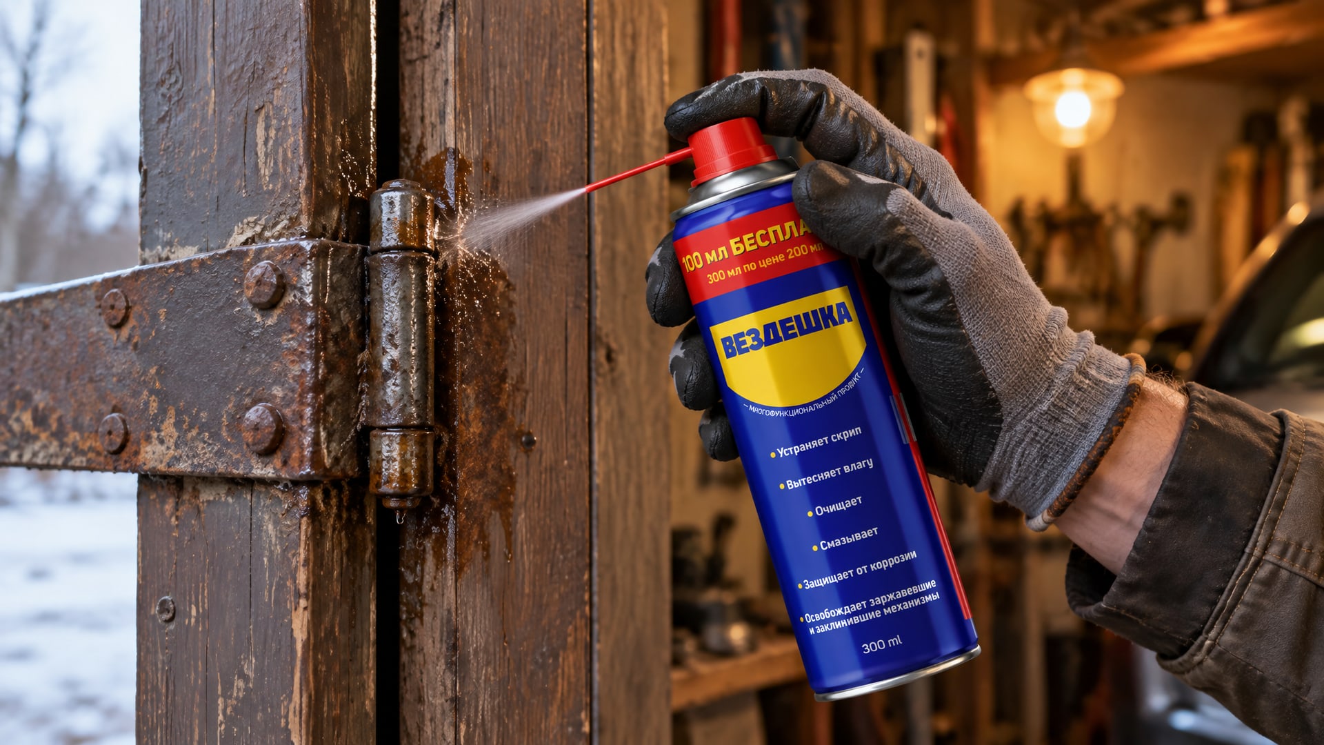 WD-40 устраняет скрип дверных петель, плавно смазывая поверхности.