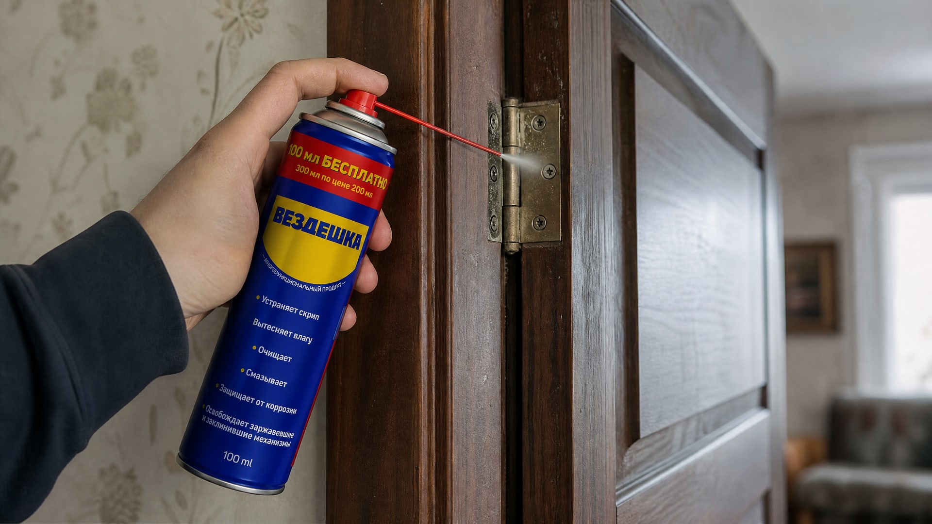 Рука в перчатке наносит универсальную смазку WD40 на петли.