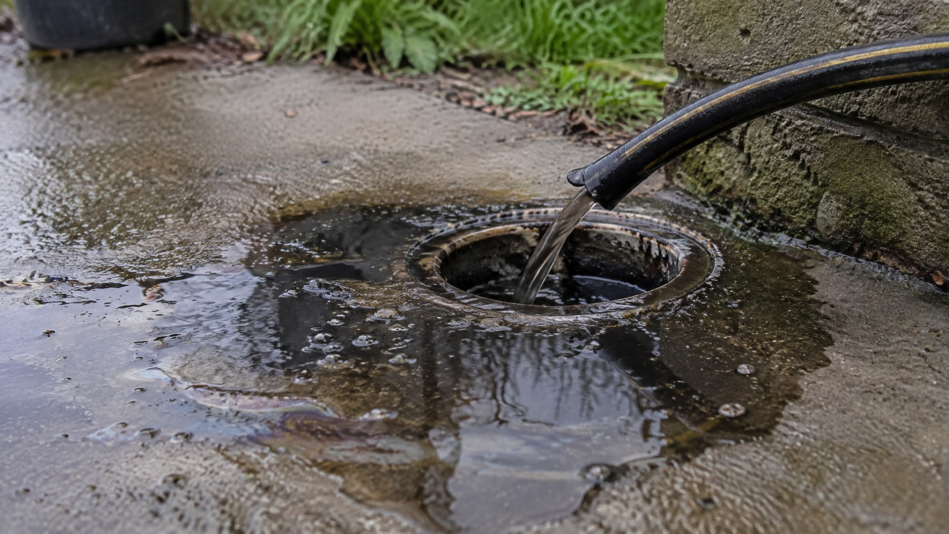 Слив грязной, маслянистой воды из шланга в канализацию на заднем дворе.