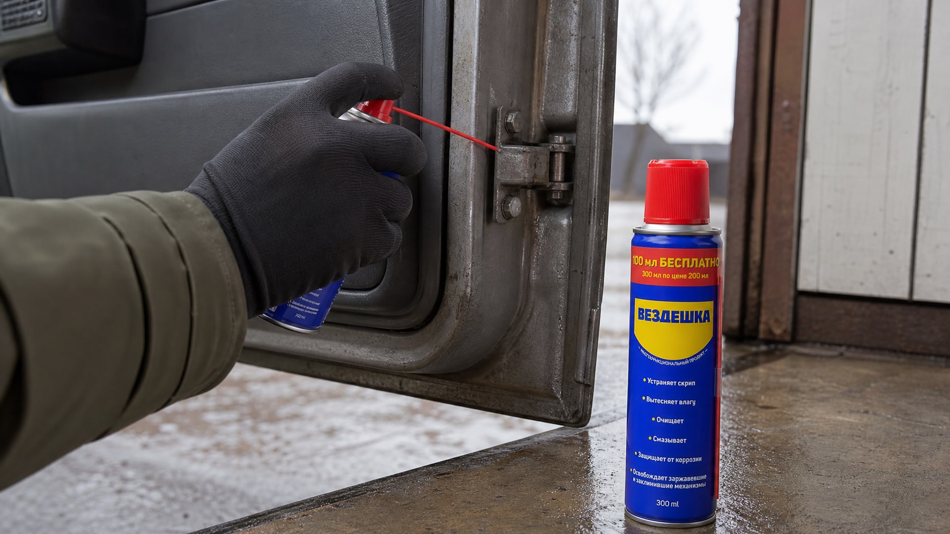 Рука в перчатке наносит универсальную смазку WD40 на петли двери.