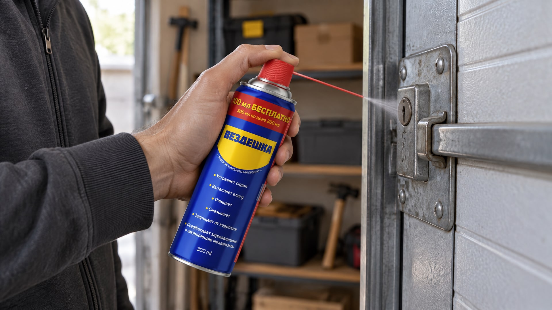 Рука в перчатке наносит универсальную смазку WD-40.