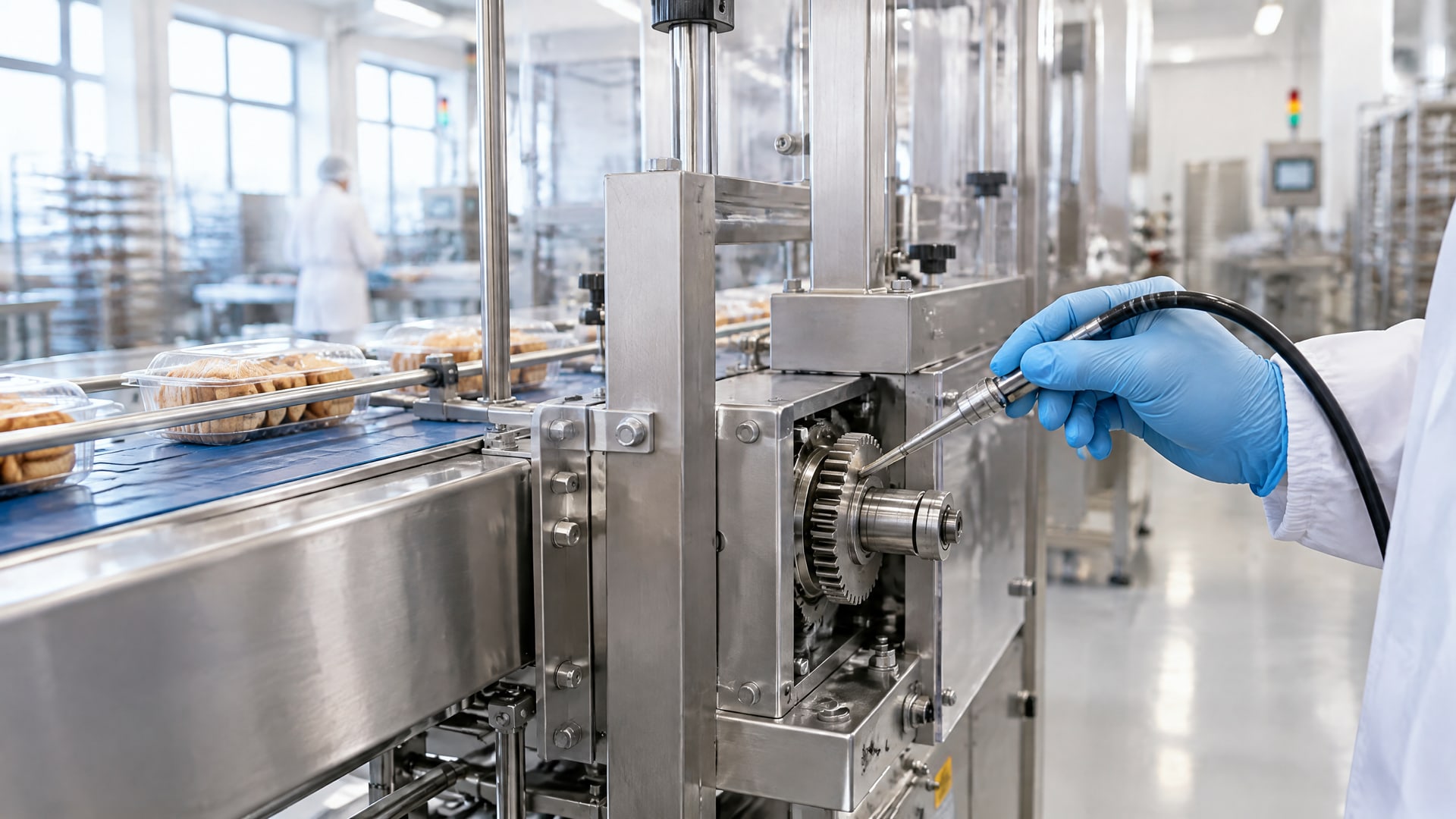 Глянцевая поверхность конвейера с тонкой пленкой смазки защиты продукта, наносимой на шестерню.