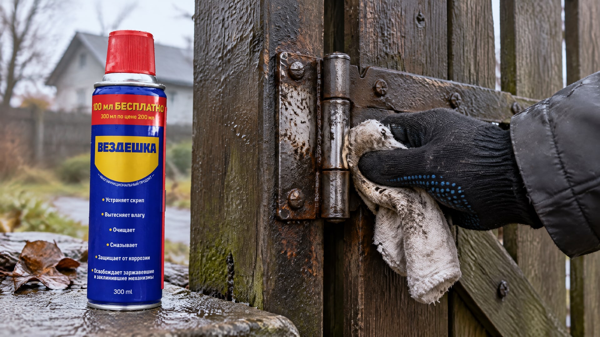 Рука в перчатке наносит универсальную смазку WD-40 на петли калитки.